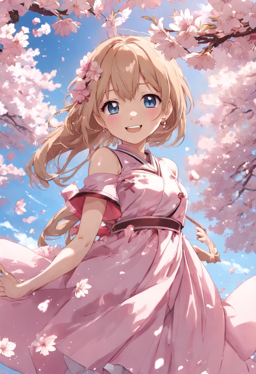 art by Cornflower, fantastic
cherry_blossoms, Falling_petals, petals, branch, Pink_flower, 1girll,20yr old, Blue_sky, Spring_\(season\), petals_On_Liquid, flower, hanami, dress,Wear a wreath,sky, Outdoors, Cloud, bangs, Smile, Pink_Eyes, white skirts,Cherry blossom decoration, Bare_bshoulders, Earrings, Holding_flower, Wind, tree, Looking_at_peeping at the viewer,Cowboy shot, Caramel eyes, Blonde hair