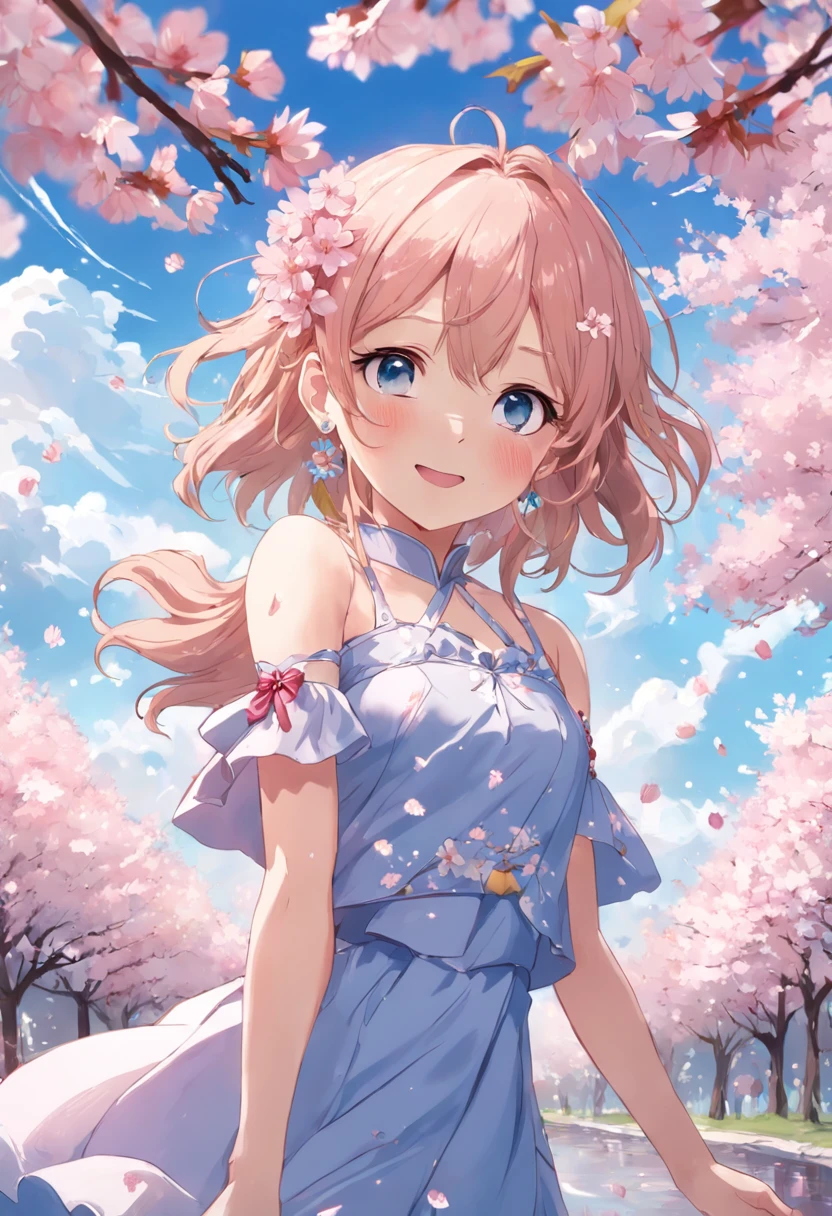 art by Cornflower, fantastic
cherry_blossoms, Falling_petals, petals, branch, Pink_flower, 1girll,20yr old, Blue_sky, Spring_\(season\), petals_On_Liquid, flower, hanami, dress,Wear a wreath,sky, Outdoors, Cloud, bangs, Smile, Pink_Eyes, white skirts,Cherry blossom decoration, Bare_bshoulders, Earrings, Holding_flower, Wind, tree, Looking_at_peeping at the viewer,Cowboy shot, Caramel eyes, Blonde hair