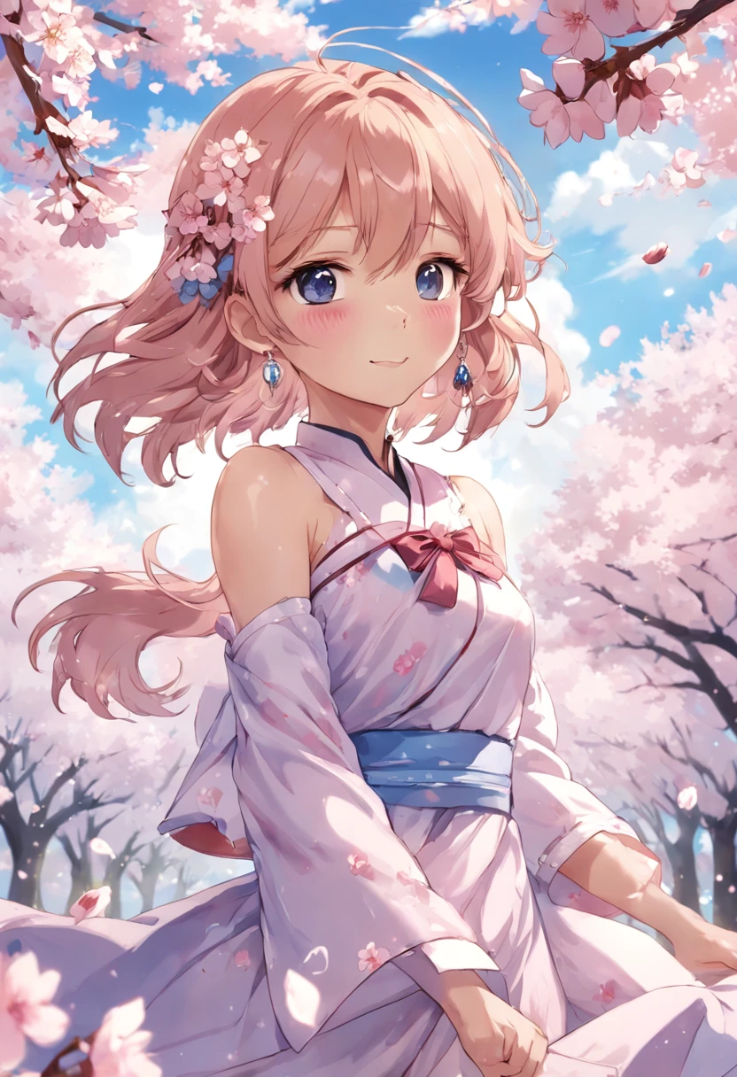 art by Cornflower, fantastic
cherry_blossoms, Falling_petals, petals, branch, Pink_flower, 1girll,20yr old, Blue_sky, Spring_\(season\), petals_On_Liquid, flower, hanami, dress,Wear a wreath,sky, Outdoors, Cloud, bangs, Smile, Pink_Eyes, white skirts,Cherry blossom decoration, Bare_bshoulders, Earrings, Holding_flower, Wind, tree, Looking_at_peeping at the viewer,Cowboy shot, Caramel eyes, Blonde hair