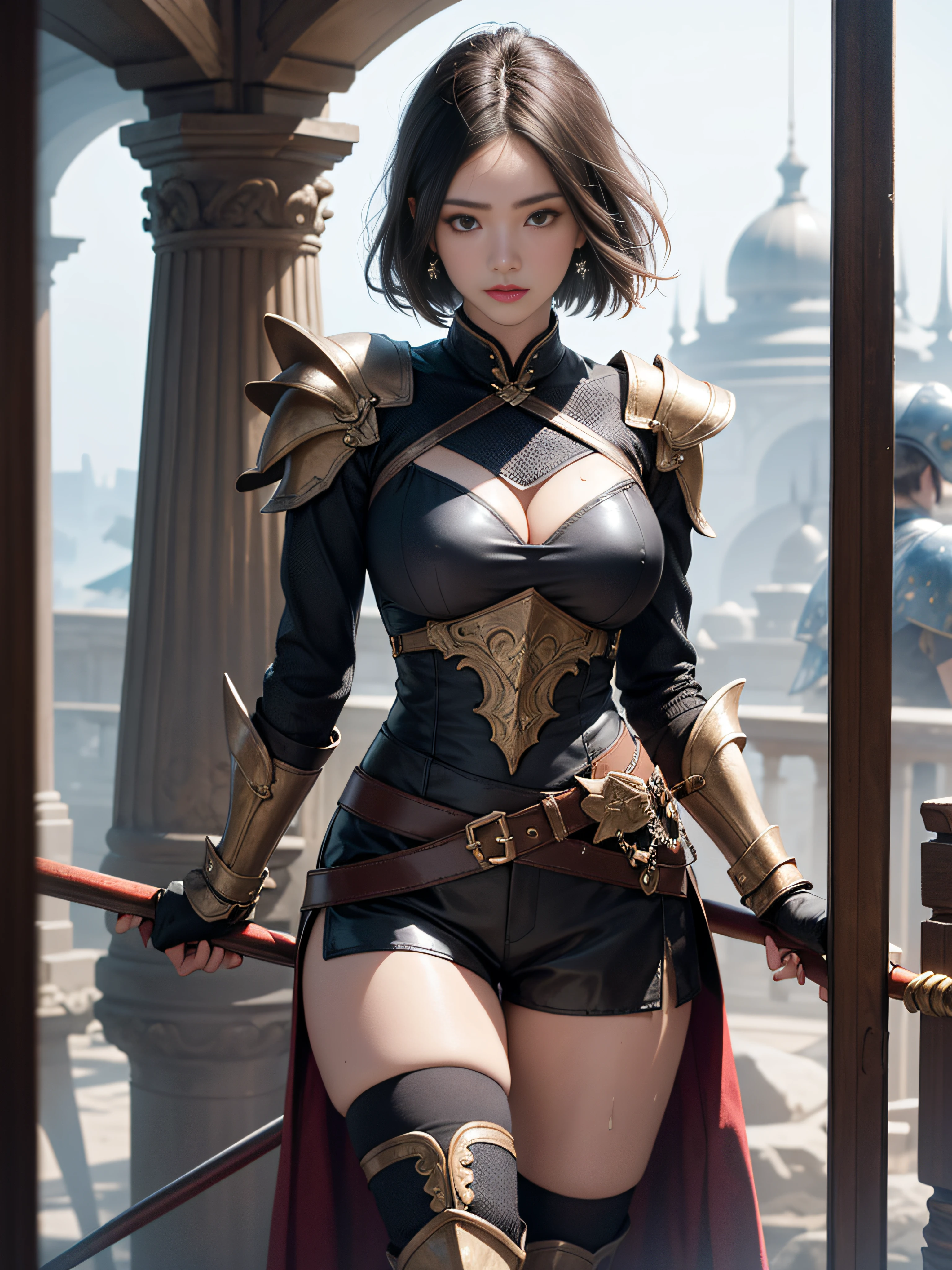 （Mature older women，Royal sister，Oriental women，warriors，tmasterpiece，standing on your feet，full bodyesbian，High-definition CG diagram，best qualityer，A high resolution，Absolutely beautiful，Hyper-detailing，Fine and detailed eyes and detailed face，garments：She wears armor，Full coverage armor，Armor shorts，Wear knee-length boots，Wear delicate thick leather boots on your feet，A knee-length stocking was revealed at the cuff of the boot，allure：Wide buttock，Thick thighs，In the middle of the battlefield，Covered in sweat，looking to the front，独奏）