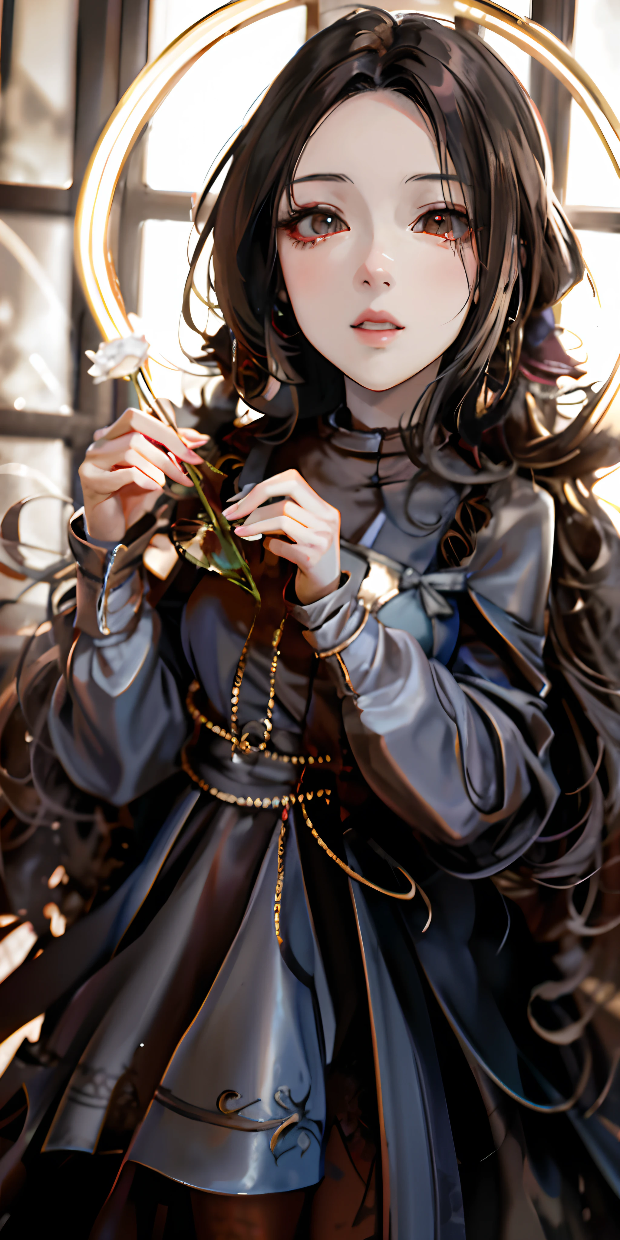 Anime girl holding a rose in her hand, Guviz-style artwork, gothic maiden anime girl, Guviz, Digital art on Pixiv, detailed portrait of an anime girl, Detailed digital anime art, [ 4 K digital art ]!!, Fantasy art style, Fanart, Beautiful image, in the art style of bowater, Anime girl with long hair