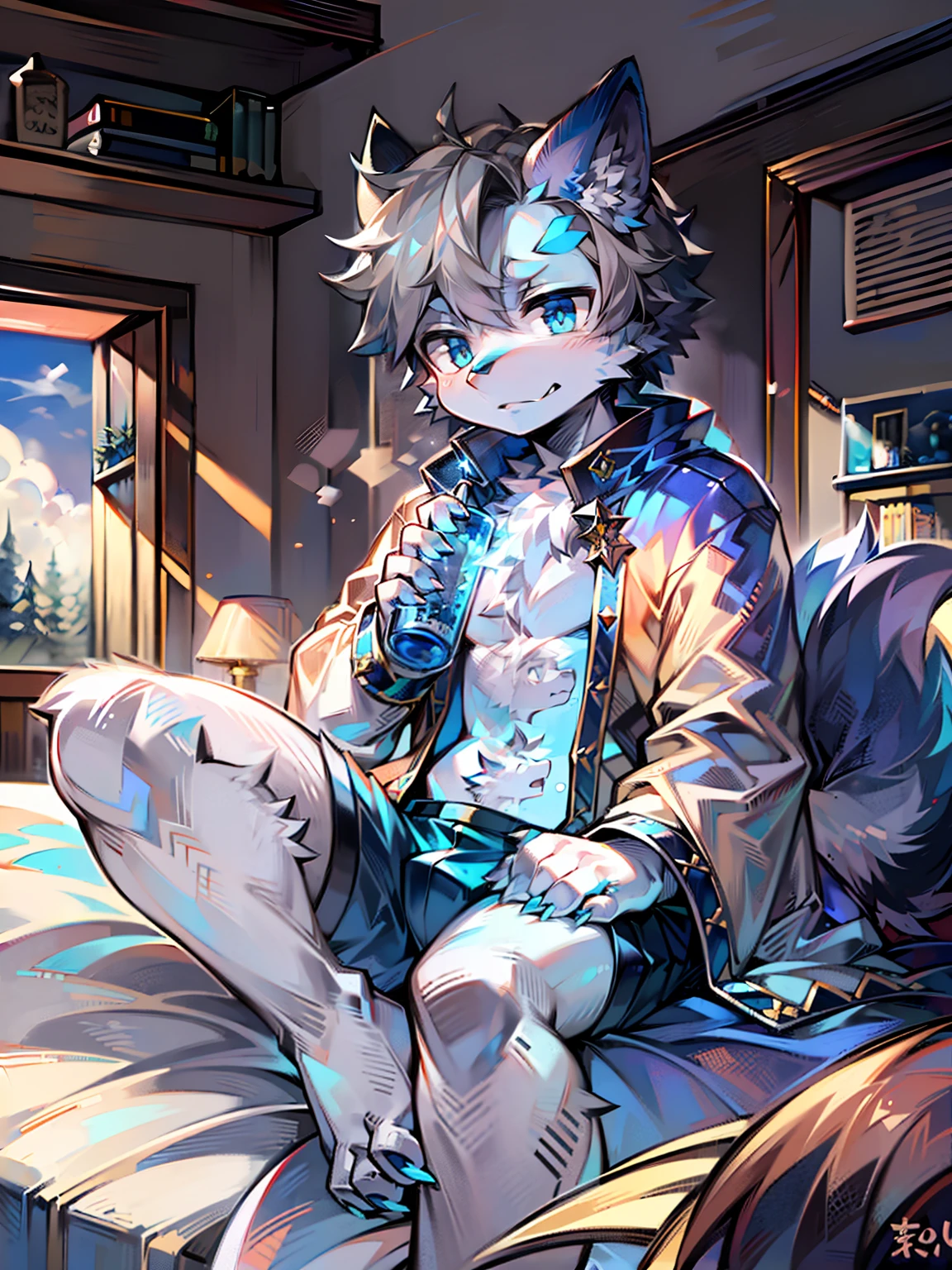 eyes with brightness, in a panoramic view, Character focus ,Back shadow,独奏,solo person, shaggy, Correct human anatomy。Furry male wolf(Dragon and wolf combined), Male blue-white skin, The eyes are blue,(A pair of dragon wings), Gray hair(The long),There is a p...