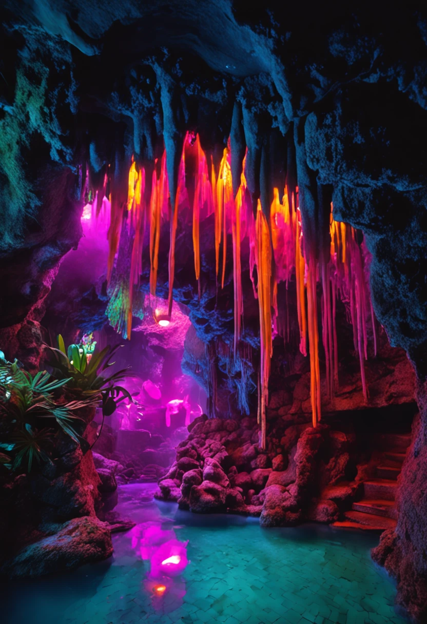 Stalactite cave, hot spring pool, glowing exotic plants, dreamy, colorful, fluorescent