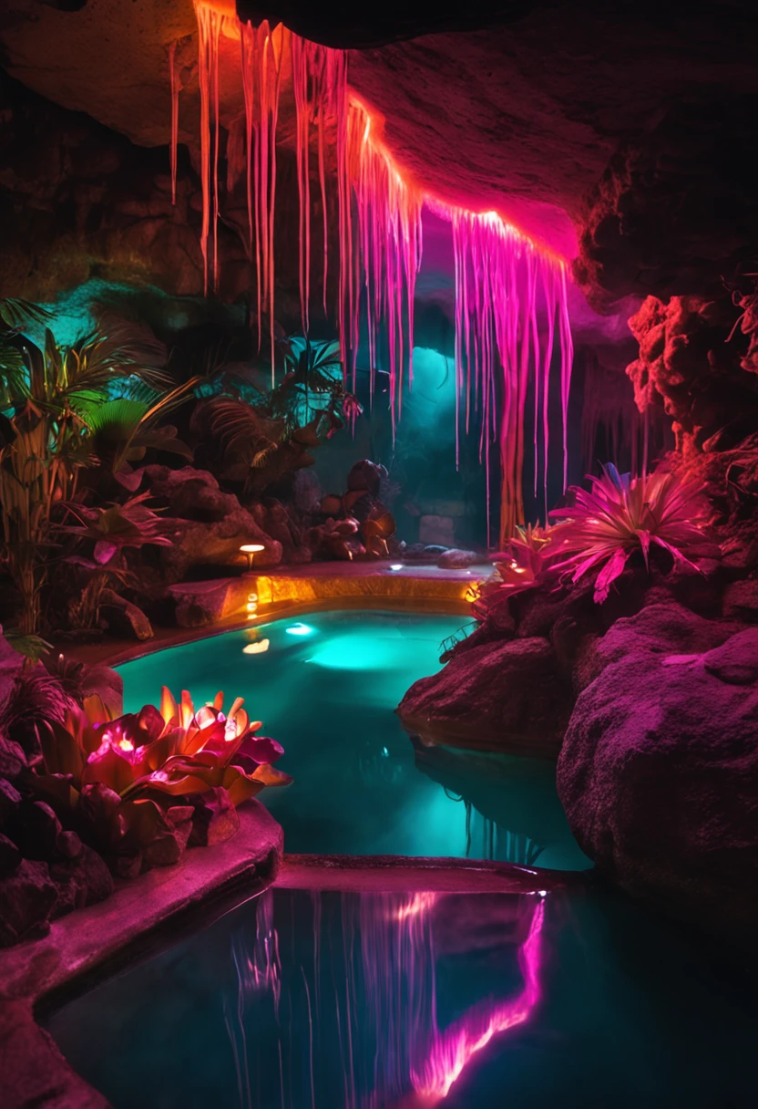 Stalactite cave, hot spring pool, glowing exotic plants, dreamy, colorful, fluorescent