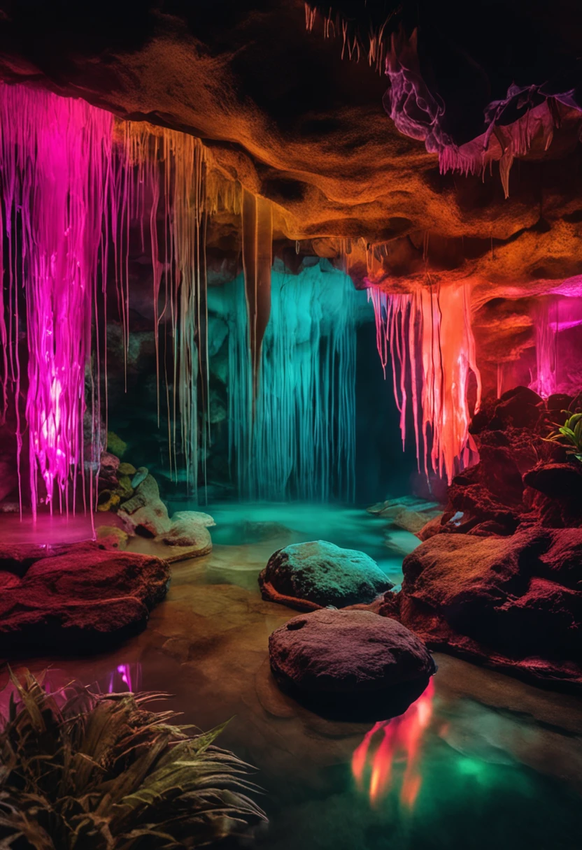 Stalactite cave, hot spring pool, glowing exotic plants, dreamy, colorful, fluorescent