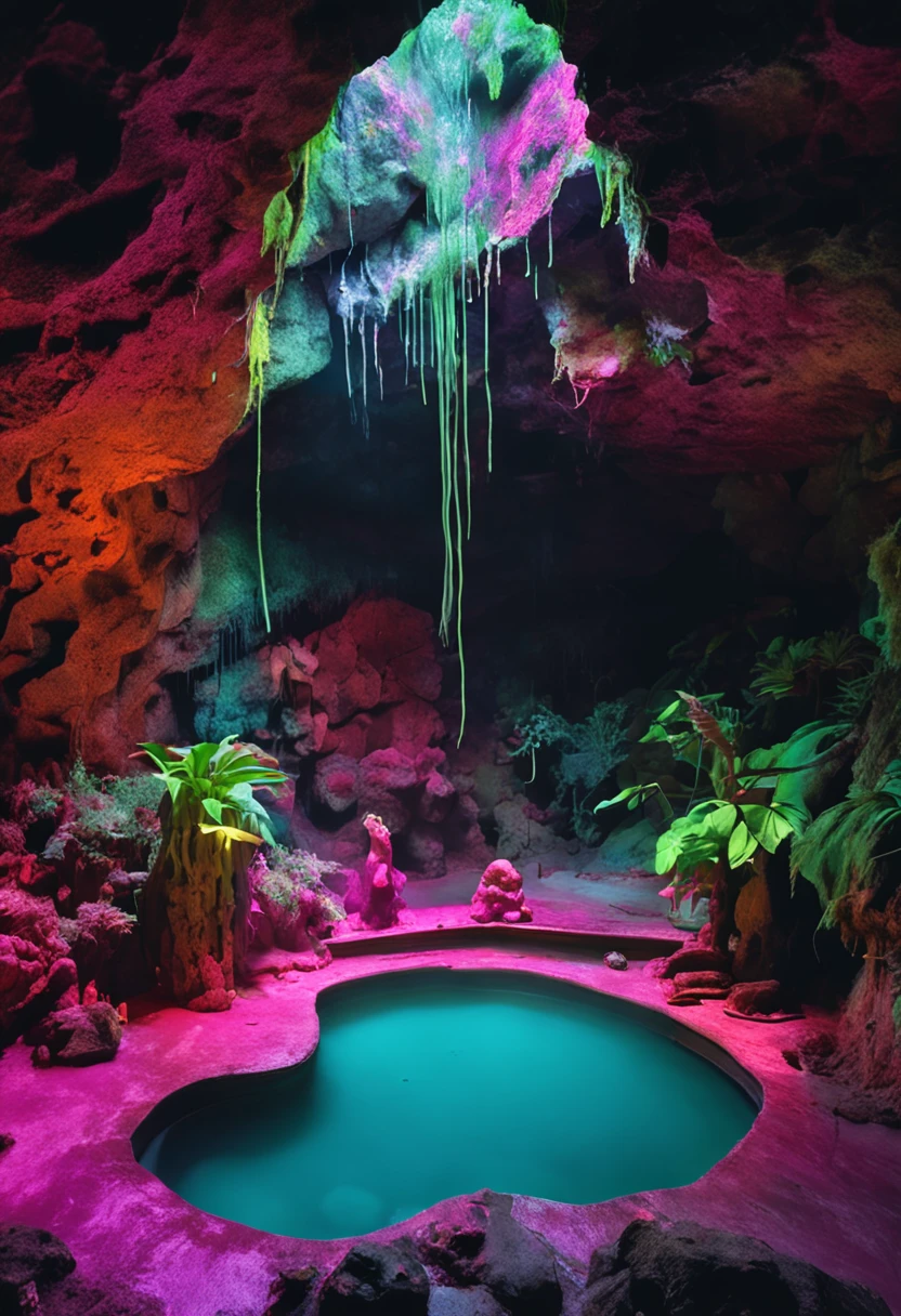 Stalactite cave, hot spring pool, glowing exotic plants, dreamy, colorful, fluorescent