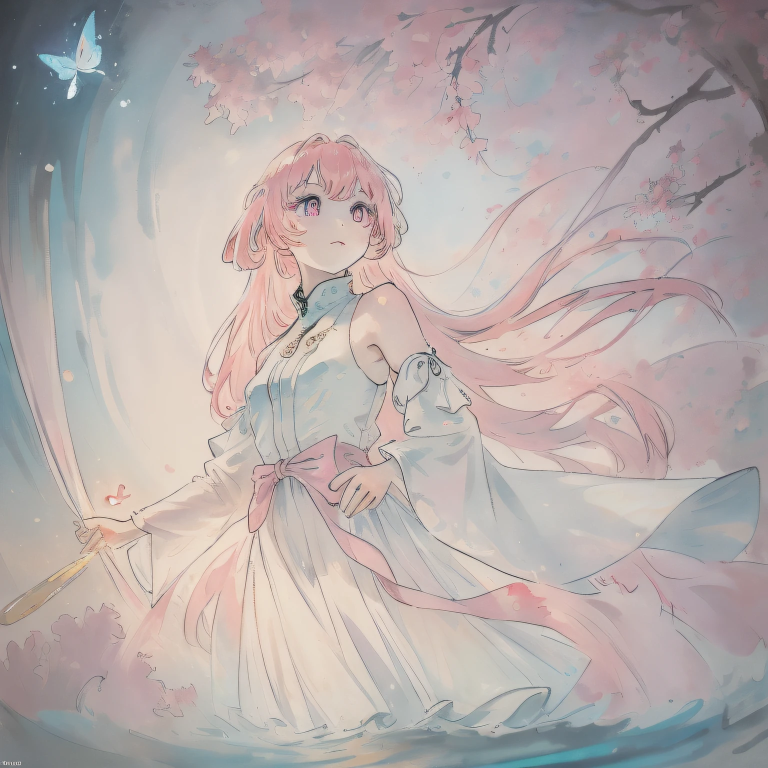 1girl,alone,single,solo,only one,one character,(((Personage as the main perspective))),(((character in the middle))),((masterpiece)),((best quality)),(ultra-detailed),(illustration),clear-cut margin,alphonse mucha, extremely detailed CG unity 8k wallpaper,((an extremely delicate and beautiful)),(dynamic angle),An enchanted forest at night illuminated by glowing mushrooms, ((Tyndall effect)),(Fluorescent mushroom forests background), 1girl,(arms behind back),(beautiful detailed eyes),cute pink eyes,golden pupil,detailed face,upper body,white dress,messy floating pink hair,disheveled hair,focus,(beautiful water),river,flying butterfly,sunlight,shine,chiaroscuro, ray_tracing,(painting),[[[[[[8 k artistic photography]]]]]]