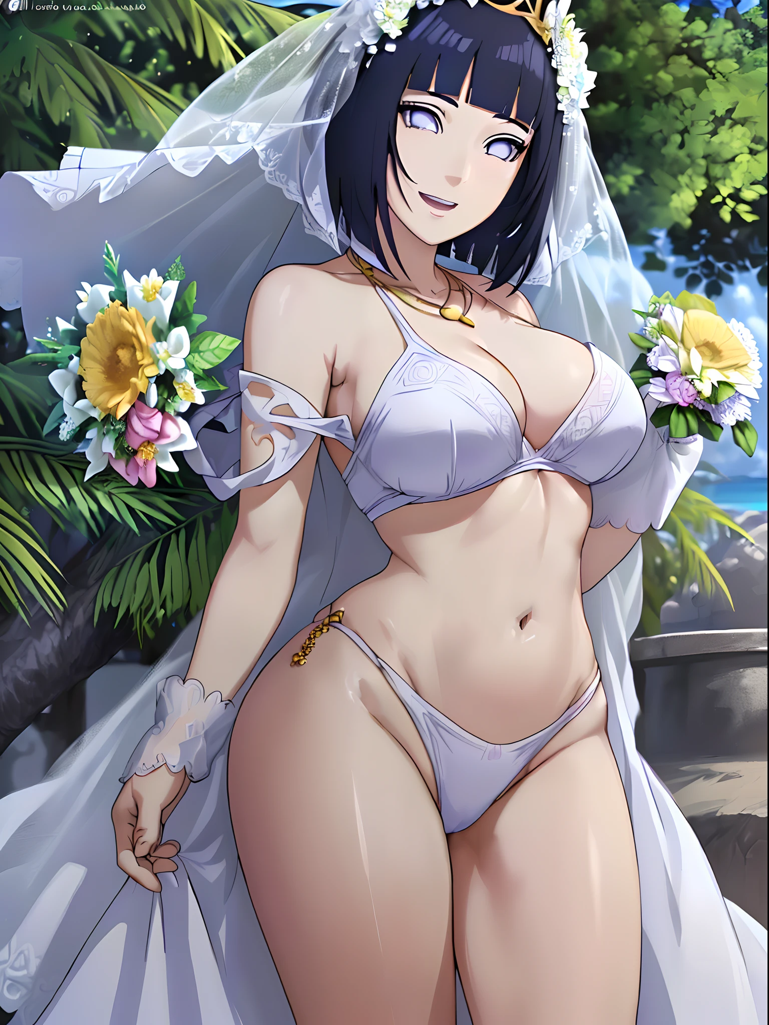 (WALLPAPER, (hinata\(boruto\), masterpiece, 4k, whole body shot, contrast lighting, mature female, milf, (curvy:0.8), solo, anime style, sharp focus, professional artwork, intricate details, detailed beach background, colorful, vibrant colors, vivid colors, digital blending, ultra detailed body, ultra detail hair, ultra detail face, trending on pixiv, very hot colors, sunny day, outdoor, detailed bold arm lines, high color saturation, bold lines, bold drawing lines),
(standing, open mouth, kind smile, extremely happy),
((dark blue hair color:1.1), ((short hair, hime cut)),
(perfect eyes, white sciera, white eyes, anime eyes, smoky eyeliner, eyeshadow)
(white skin, slender body, milf, navel, groin, flat belly, perfect face, perfect thighs),
(Thighs, legs, big breasts, perky boobs, off-shoulders, (flat belly, groin, detailed shoulders),
(bare body, bare chest, minimum clothing, bare shoulders, bare hands, bare legs),
(white dress, wedding veil, white flower wedding tiara, gold necklace)