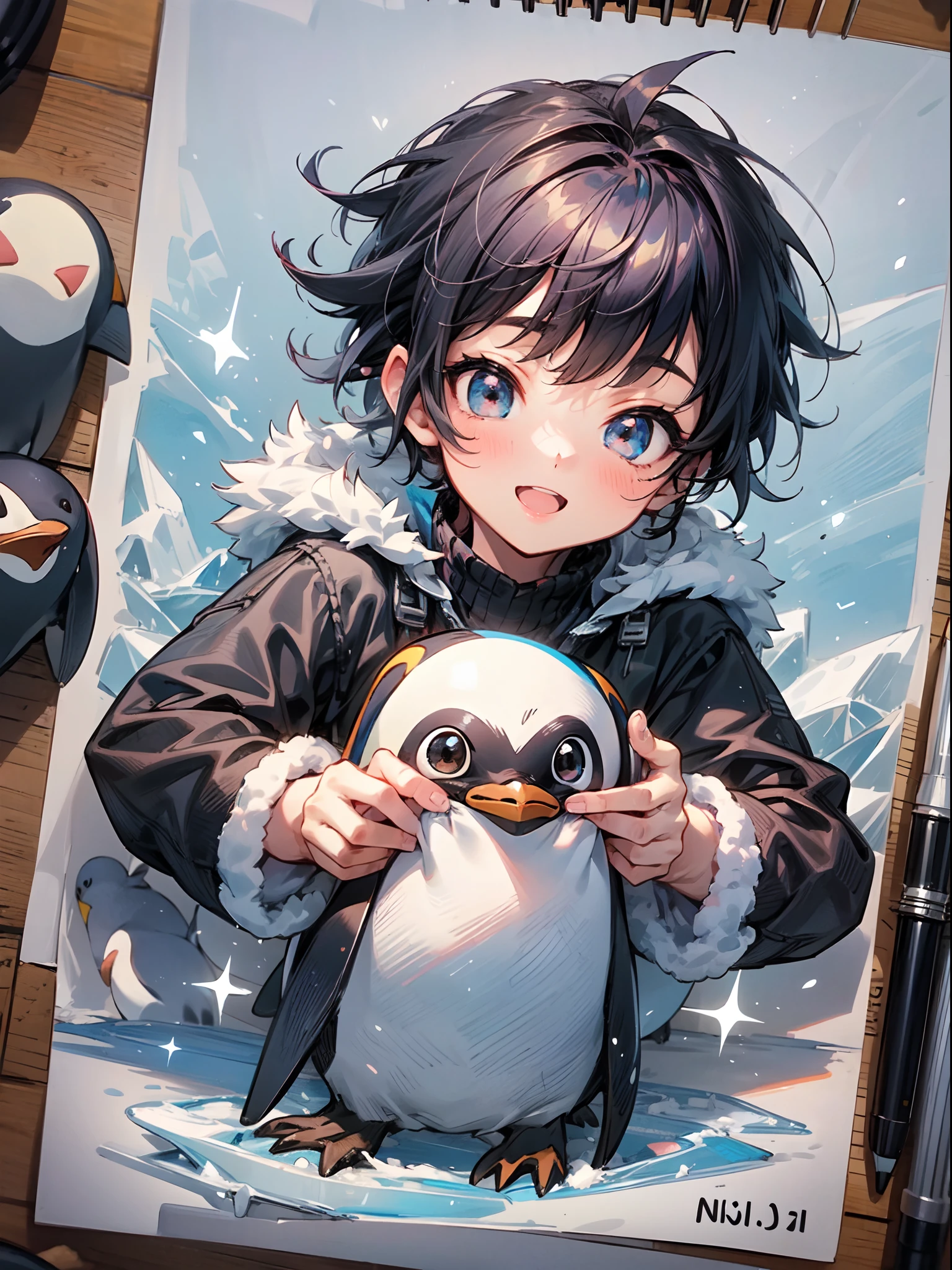 photoRealstic、Drawing of a ((cute little punk boy)) playing on ice , ((with many small penguin)),niji,cute ,calm, happy expressions,、cuddle with ((fluffy penguin:1.2)) 🐧