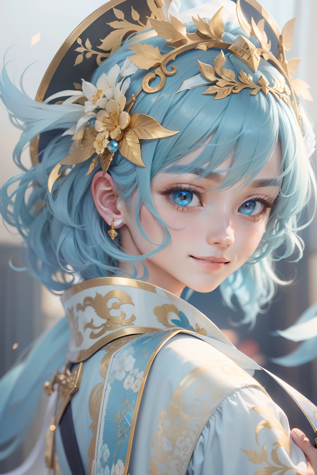 light blue hair, kanzashi, light smile, A golden halo behind him, Hold a sword in one hand, close-up, China-style, super detail, ccurate, best quality, 16k