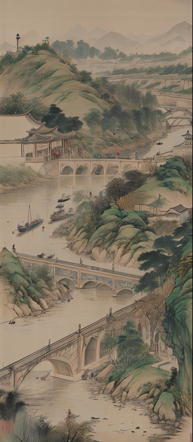 Painting of a river with a bridge and a boat in the water - SeaArt AI