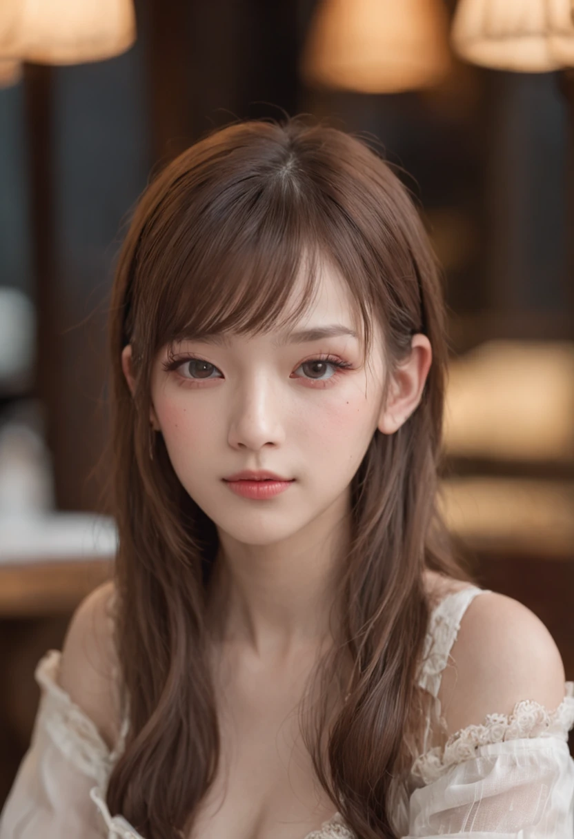 中景 the scene is,A 14-year-old girl sits in a café,with a round face,adolable,big breasts beautiful,The face is delicate,White skin,Raised sexy,long eyelasher,Blushlush,eye shadows,Redlip,The expression is shy,Tears in the eyes,ssmile,Perspectiva subjetiva,flatchest,being thin,cropped shoulders,shift dresses,Poor chest,胸A cup,hair messy,By bangs