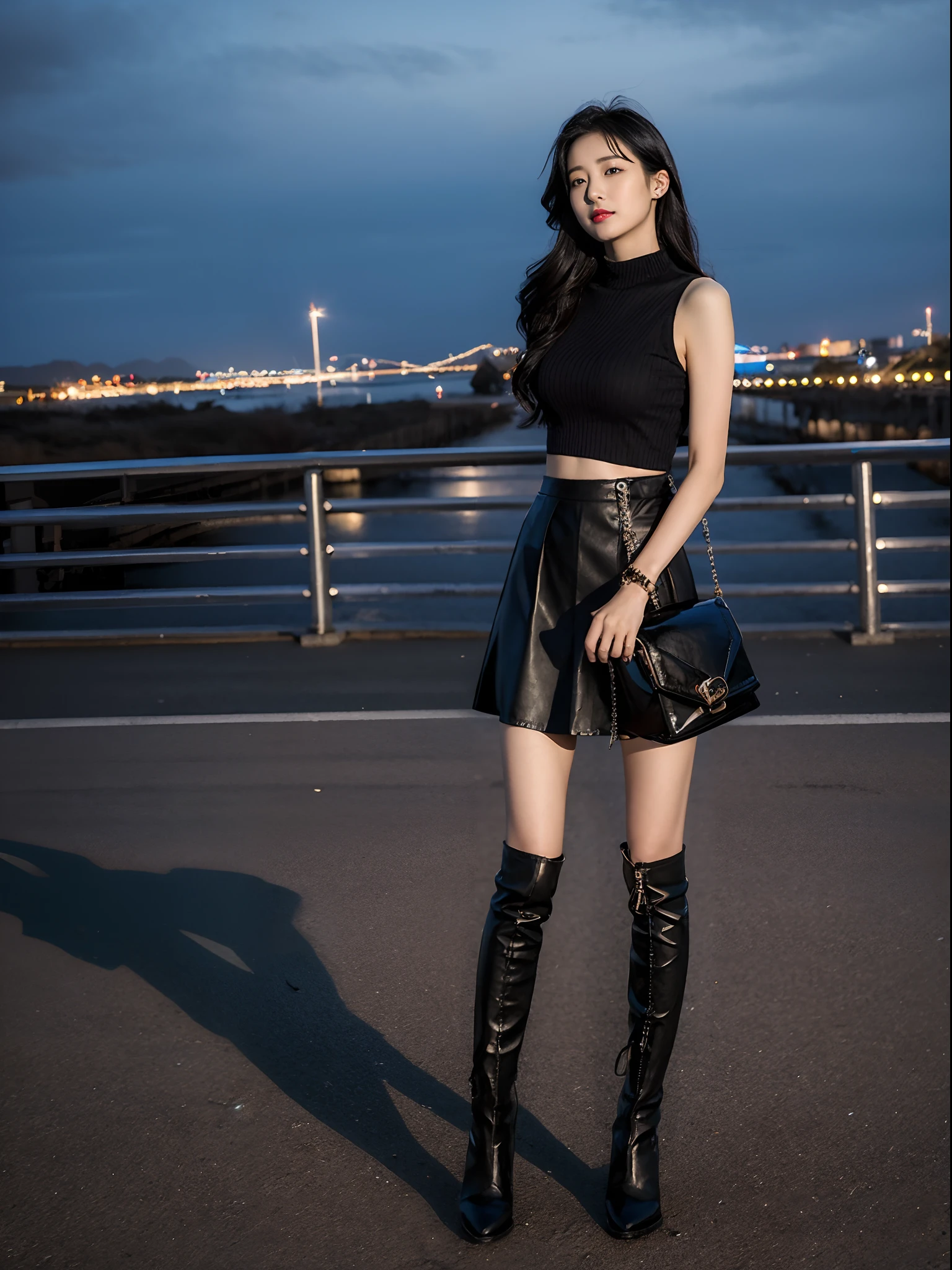 1girll,Solo,a skirt,Boots,Black color hair,long whitr hair,Over-the-knee boots,Skysky,shinning clothes,the night,Black shoes,looking at viewert,hason,无袖,a black skirt,leathers,of shoulders