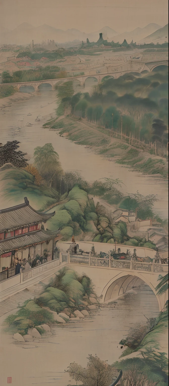 scenery。Qingming upper river map，Horizontal layout，A high resolution，best qualtiy，ultra - detailed，dynamic angle，afloat，Bustling cityscape，Complicated details，Historic buildings，Flowing rivers，vivd colour，Volumetriclighting，Crowded boats and bridges，Rich cultural background。
