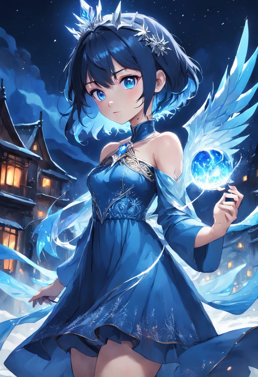 Night, (1 girl)), loneliness, masterpiece, 8k wallpaper, high resolution, absurdity, high quality background, short hair, black hair, multi-colored hair, beautiful frozen village, (full moon), blue dress, detail dress, jewelry dress, (magic: 1.2), blue flame, blue eyes, glowing eyes, fire, ice goddess, (blue delicate beautiful crown), electricity, blue electricity, blue light particles