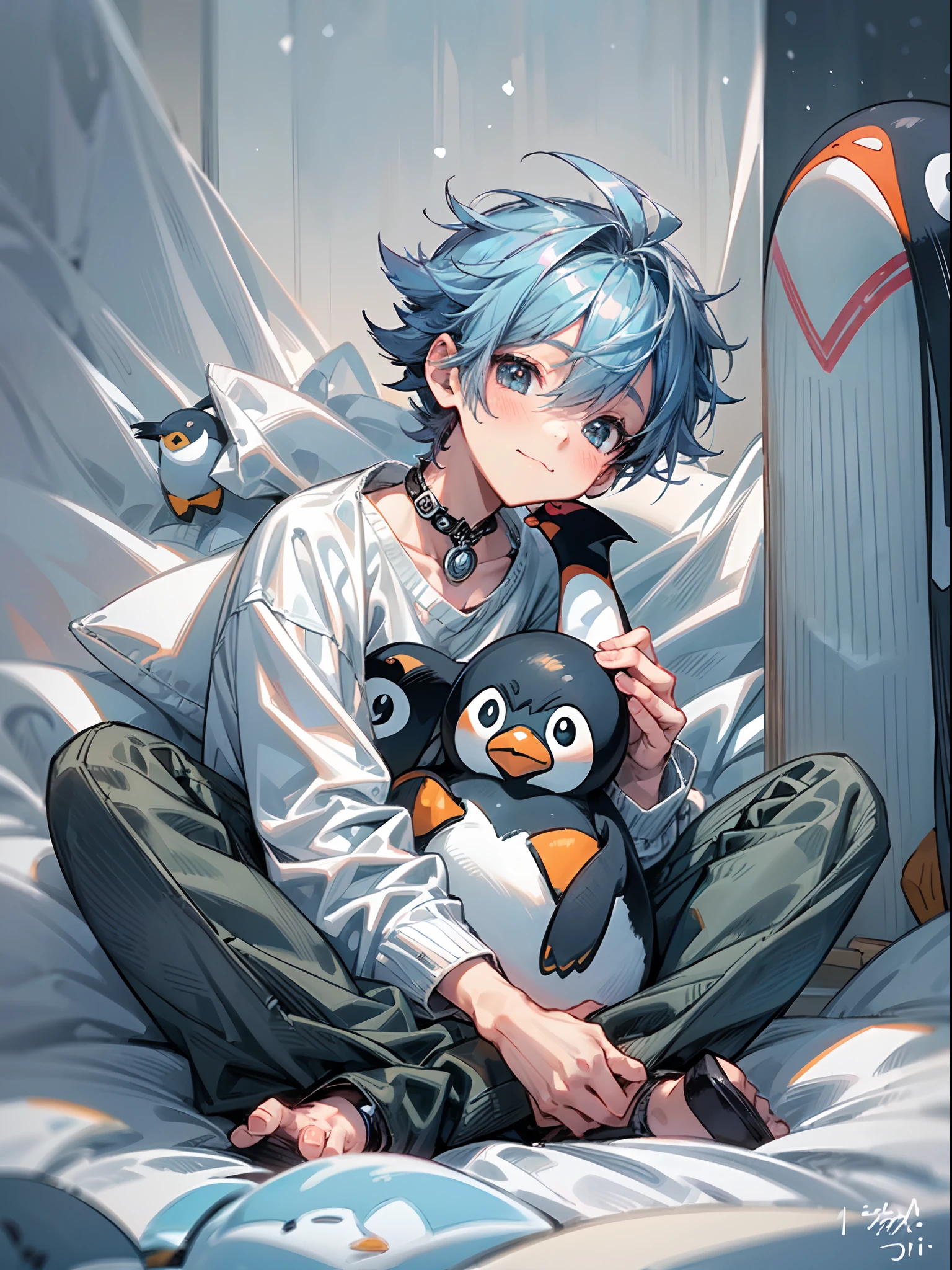 photoRealstic、Drawing of a ((cute punk boy)) sitting on a bed, ((holding many penguin 🐧 soft toys)),niji,cute ,calm, happy expressions,、cuddle with ((fluffy penguin 🐧:1.2))  Softoy