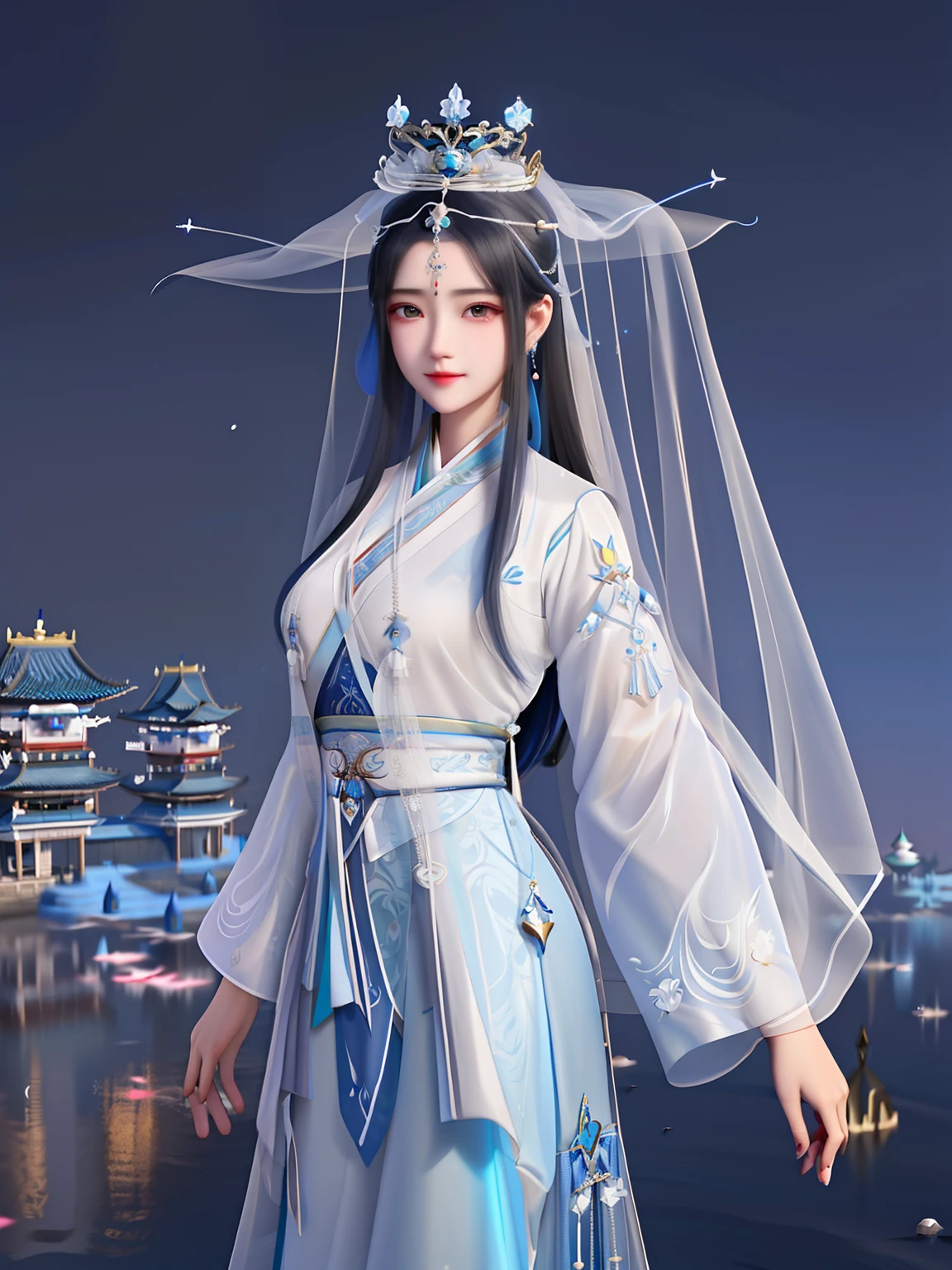 wearing blue dress、Arad woman wearing a white veil and crown, full-body xianxia, Palace ， A girl in Hanfu, trending on cgstation, a beautiful fantasy empress, White Hanfu, Chinese costume, lunar themed attire, Inspired by Ai Xuan, Inspired by Qiu Ying, Inspired by Lan Ying, with acient chinese clothes