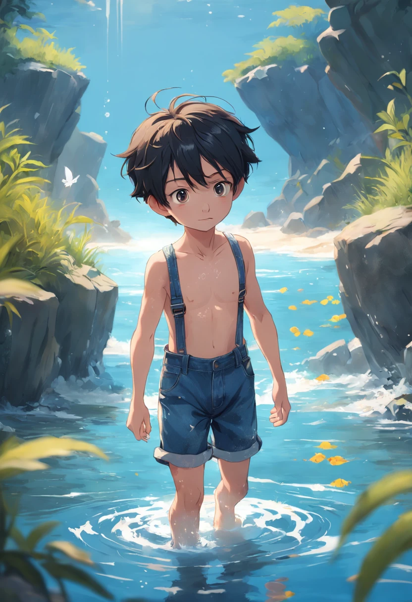 movie picture quality，Disney animation style，A  swims in the sea with a koi in his arms，short detailed hair，Denim suspenders，The barefoot，depth of fields，high light，Real light，Ray traching，oc rendered，Hyper-realistic，best qualtiy，8K，Works of masters，super-fine，Detailed pubic hair，Correct anatomy，sharp focus on eyes，Bokeh，Facial features are carefully depicted