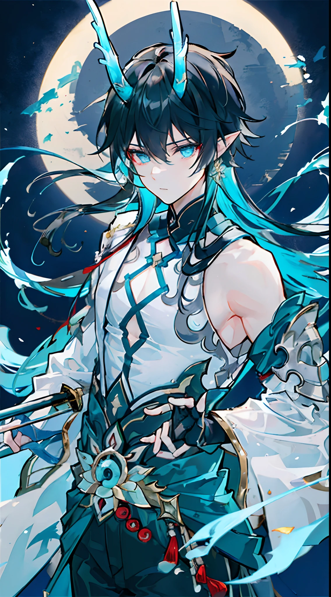 Silver Moon-kun\(Character\),Dragon 1\(Features\),Promenade,parapets,smog,Backlight,Book in hand,Chinese-style corridor,Bamboo,The background is an ancient landscape，bamboo forrest，Small pavilion，blue-sky，Bust，Exquisite facial features，Sword drawing pose，Black hair