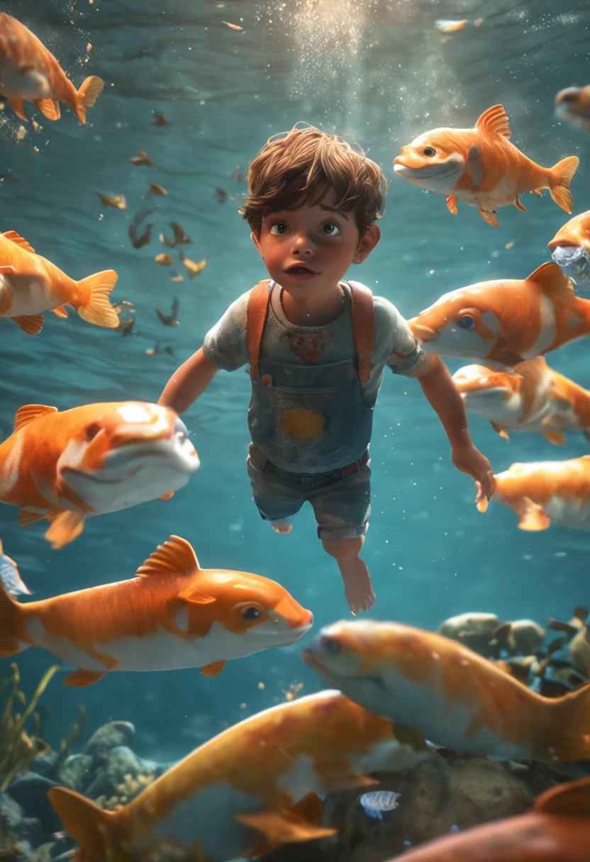 movie picture quality，Disney animation style，A  swims in the sea with a koi in his arms，short detailed hair，Denim suspenders，The barefoot，depth of fields，high light，Real light，Ray traching，oc rendered，Hyper-realistic，best qualtiy，8K，Works of masters，super-fine，Detailed pubic hair，Correct anatomy，sharp focus on eyes，Bokeh，Facial features are carefully depicted