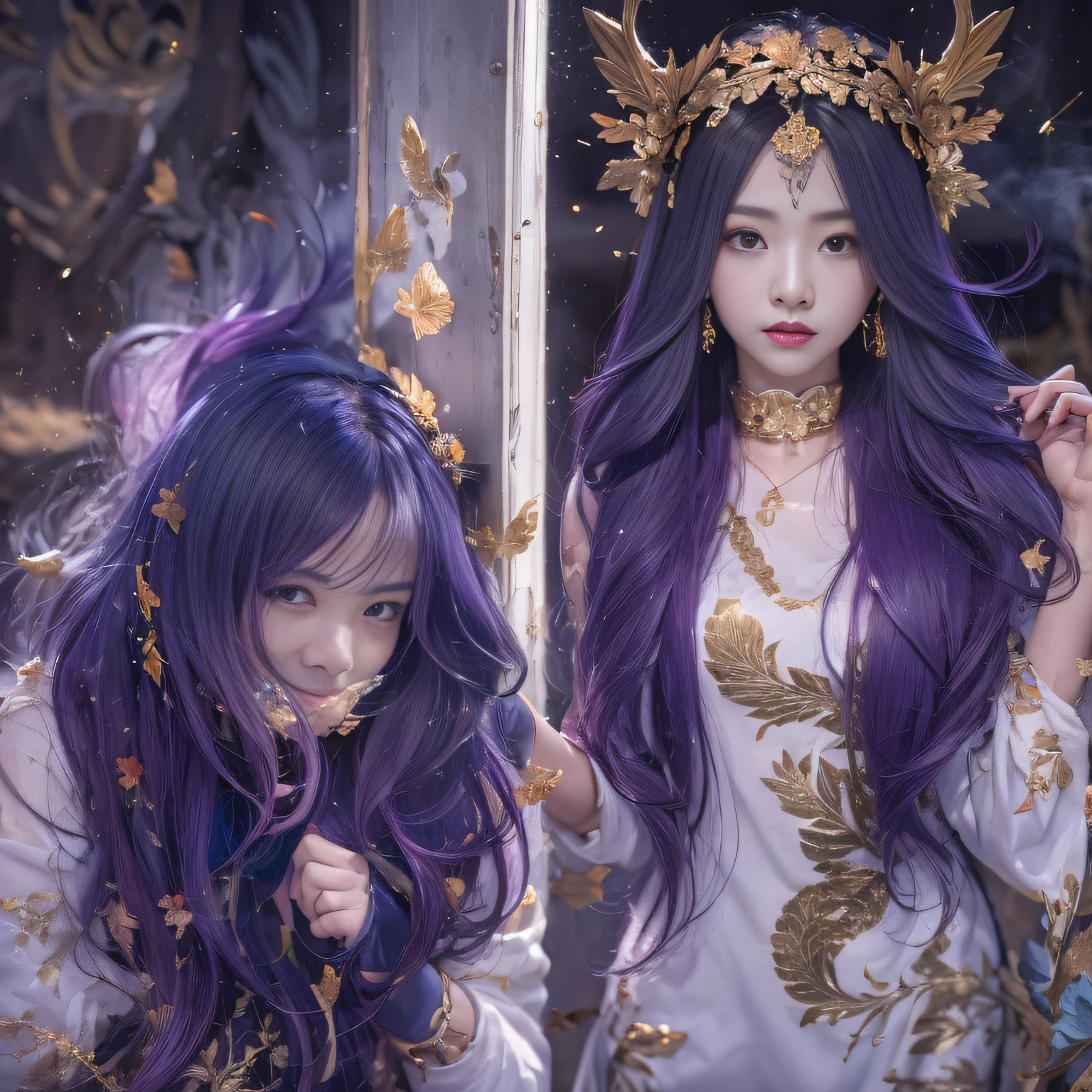 32K(tmasterpiece,k hd,hyper HD,32K)Long flowing bright purple hair,Autumn Pond,zydink, a color, Asian people (Silly girl), (Silk scarf), Combat posture, looking at the ground, long whitr hair, Floating bright purple, Fire cloud pattern gold skull headdress, Chinese long-sleeved gold silk garment, (abstract ink splash:1.2), white backgrounid,Lotus protector(realisticlying:1.4),Bright purple hair,Smoke on the road,The background is pure,Side squats, A high resolution, the detail, RAW photogr, Sharp Re, Nikon D850 Film Stock Photo by Jefferies Lee 4 Kodak Portra 400 Camera F1.6 shots, Rich colors, ultra-realistic vivid textures, Dramatic lighting, Unreal Engine Art Station Trend, cinestir 800,Long flowing bright purple hair