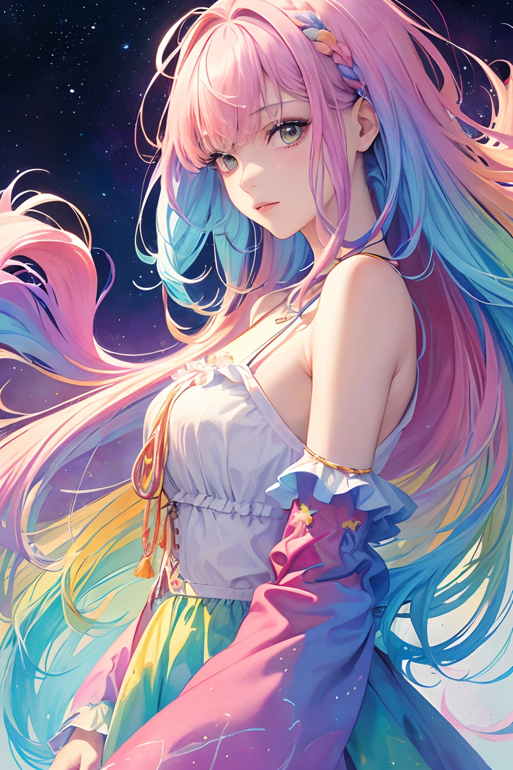 (Masterpiece, Best Quality, Best Quality, Medium Watercolor), Official Art, Beautiful and Aesthetic: 1.2), (1 Girl: 1.3), (Fractal Art: 1.3), (Full Body)), Back (Iridescent Hair, Colorful Hair, Half Blue and Half Pink Hair: 1.2), Water, Liquid, Cloud, Colorful, Starry Sky, Stars, Smile, Glasses, Close Up, Heterochromia, (Colorful: 1.5), ((Uniform)), Detailed background, (((glitter pupils)), ((clothes with large backs))