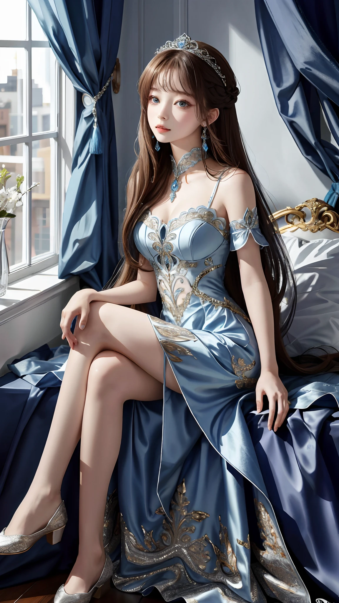 art by Cornflower, dreamy (pilyeon, masterpiece, best quality, (extremely detailed CG unity 8k wallpaper, masterpiece, best quality, ultra-detailed, best shadow),(iridescent hair:1.4), (detailed background), (beautiful detailed face, beautiful detailed eyes), braided hair one side, hair ornament, High contrast, (best illumination, an extremely delicate and beautiful),(girl:1.5),((black hair woman nightgown painting volegov carl larsson)), ((caustic, seductive, sexy, charming)),((sitting looking far through windows)), dynamic angle,nobility, elegant, beautiful detailed glow,upper thigh, cowboy shot, narrow waist, wide hips, large breasts), cornflower,1girl,snowing,best quality, masterpiece, finely detail, highres,,sitting, full body, art by Cornflower, dreamy,  beautiful detailed eyes,aqua eyes,cute face, 1girl, smile, (((small breast))), (((bokeh))),depth of field,  cute face, looking at the viewer, masterpiece, modelshoot style, cleavage, full body portrait, sexy pose, ((8k, RAW photo, highest quality, masterpiece), High detail RAW color photo professional  photo,  (realistic, photo realism:1. 37), (highest quality), (best shadow), (best illustration),  ultra high resolution, highly detailed CG unified 8K wallpapers, physics-based rendering, cinematic lighting),