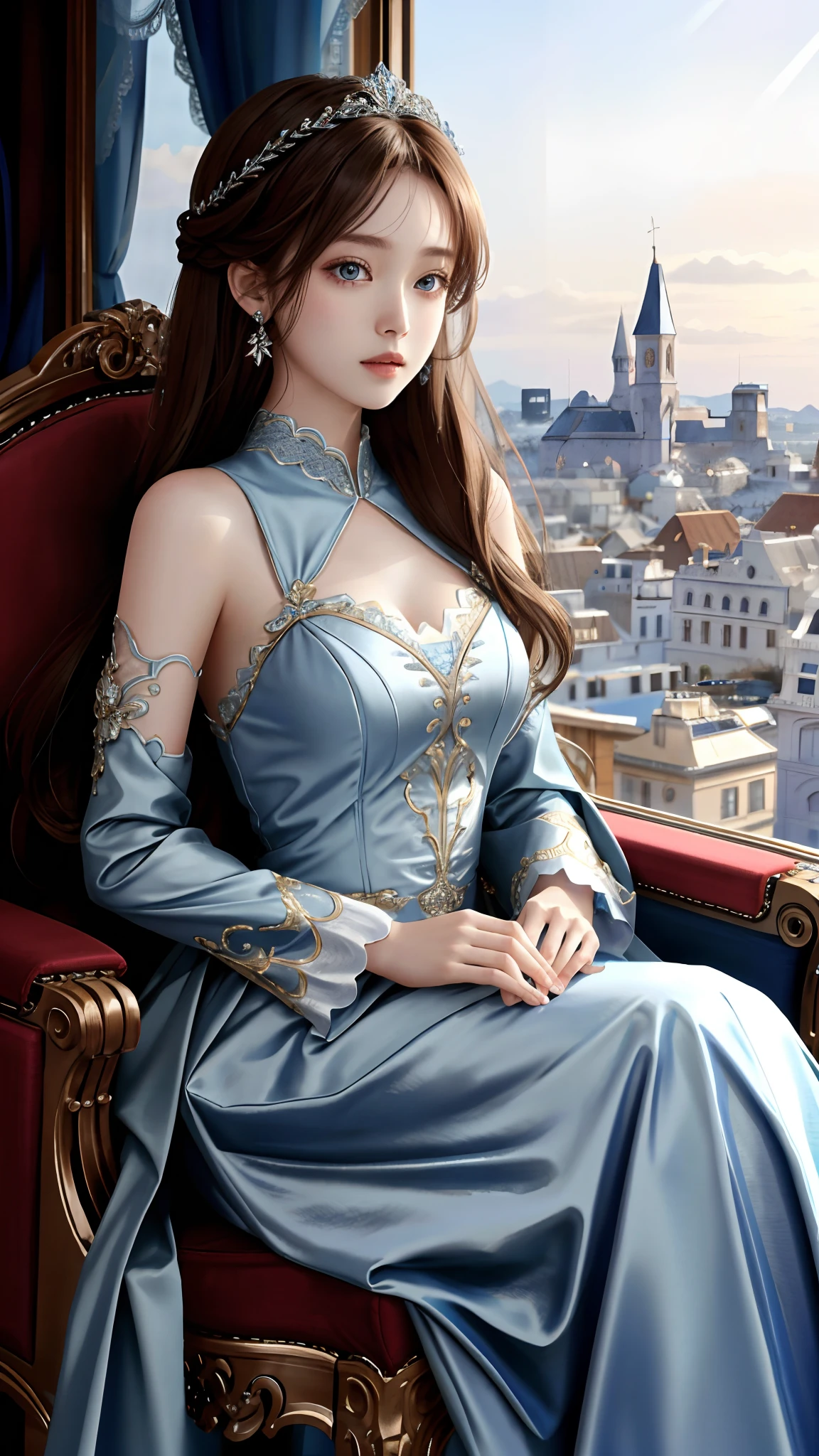 Ultra hd, 8k quality, a girl, very long hair, detailed eyes, beautiful dress, blue dress, sitting pose, whole body capture,