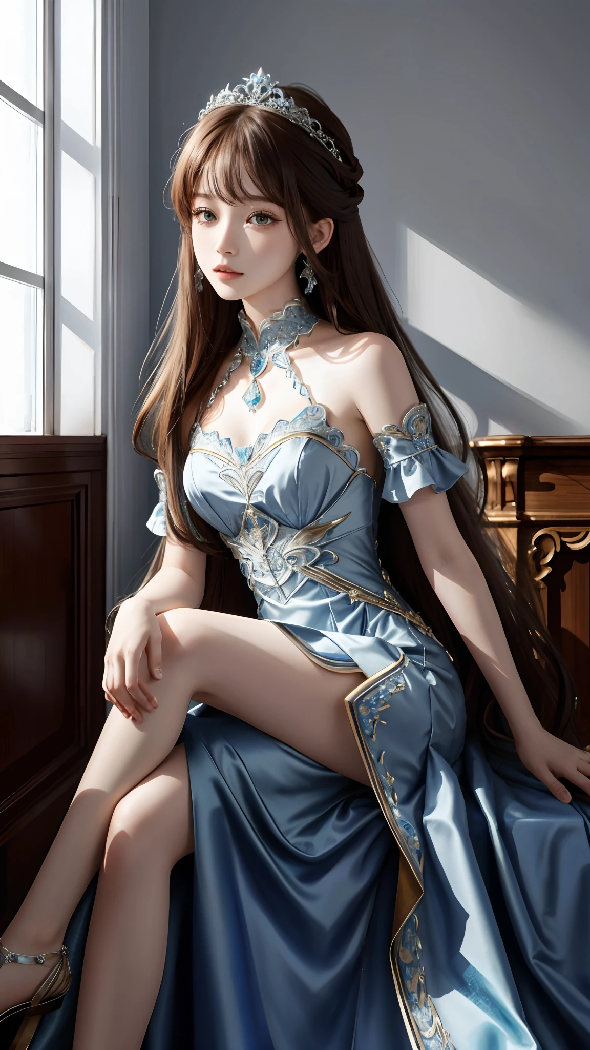 Ultra hd, 8k quality, a girl, very long hair, detailed eyes, beautiful dress, blue dress, sitting pose, whole body capture,