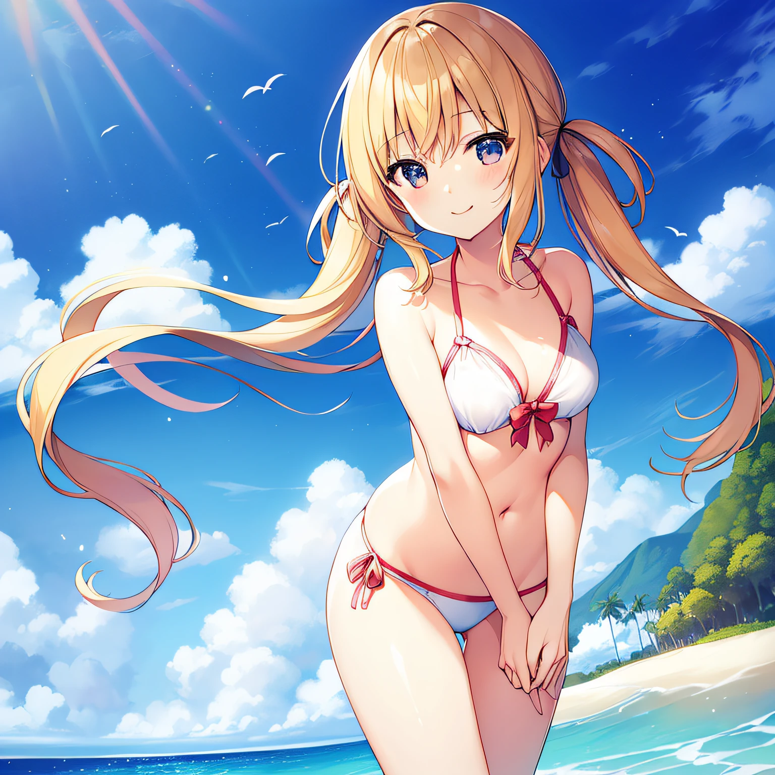 top-quality、extremely delicate and beautiful、 girls、5th grade elementr body bikini)、mesugaki、A smile、a blond、Brown skin、The background is the sea、is standing、Twin-tailed