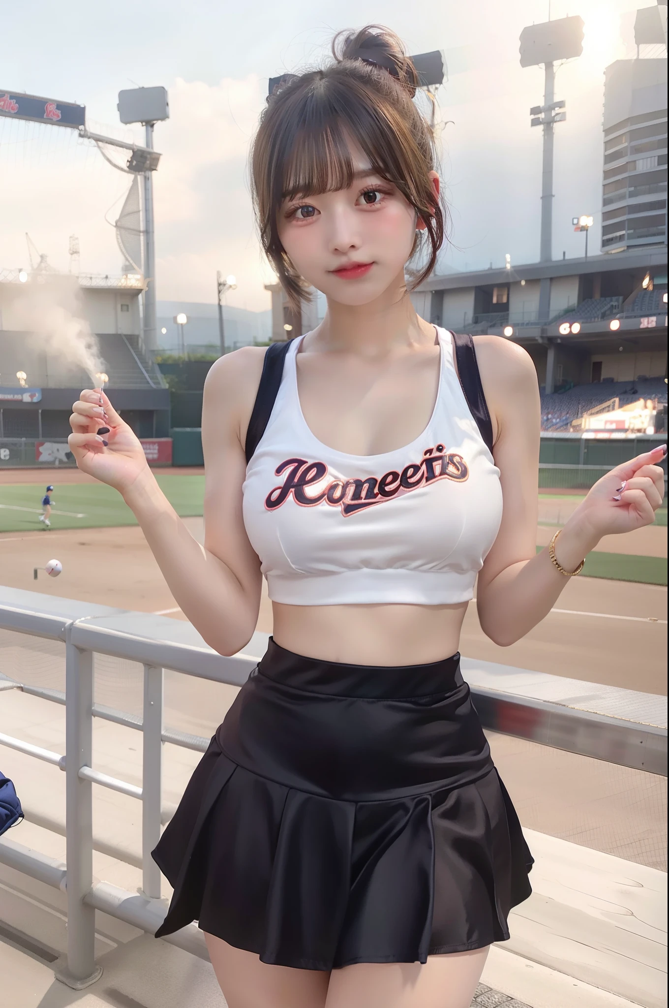 cheer girl、huge tit、baseball field、Satin skirt