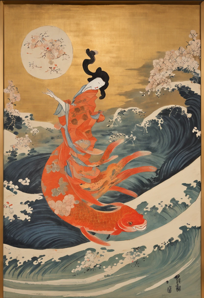 best quality, style of Hokusai, Ukiyoe, a dancing woman, (floating koi fish), flying carp