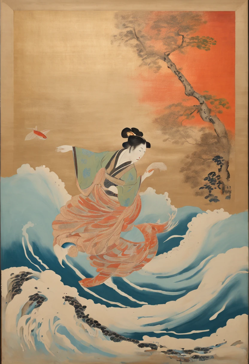 best quality, style of Hokusai, Ukiyoe, a dancing woman, (floating koi fish), flying carp