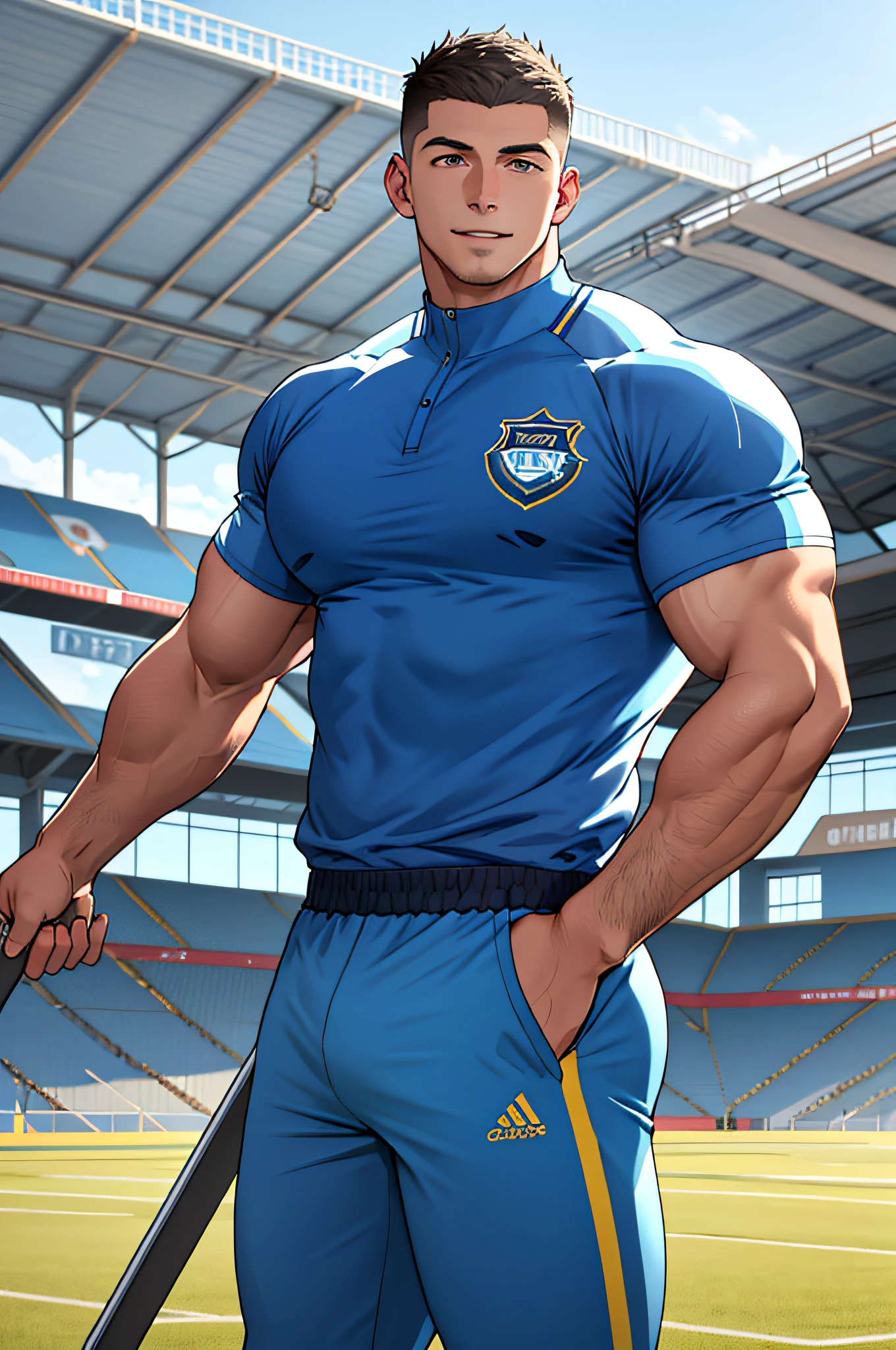 Draw a full-fledged athlete,Stand on the central field of the gym,He wears high-end sportswear,The man looks confident and determined,rays of sunshine,cheerful big breasts,Handsome,Crew cut,full bodyesbian,shooting from below,