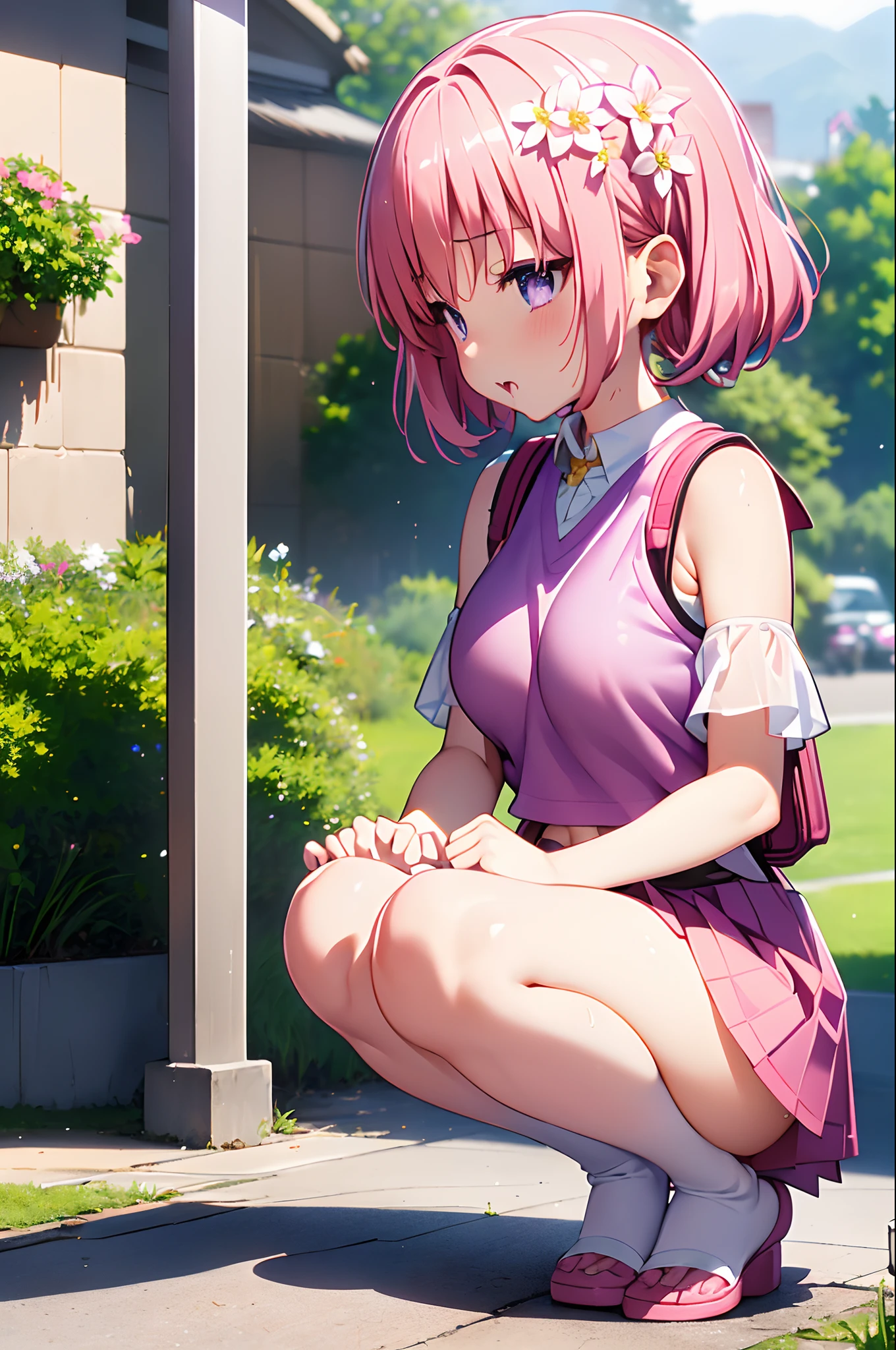 pink hair, purple eyes, short hair, hair flower, pink hair, oily skin, wet, detailed skin, (()), ((carrying a red backpack)), ((10 years olbackground, open mouth, short height, little girl, ((bare sho), ((presenting armpit)), (see-through), cleavage, ((white tank top)), (arm up), ((loli oppai)), ((big boobs)), ((large breasts)), ((under boobs)), ((boob curtain)), (hot pants), ((detached sleeves)), (beach), (potrait)), loose shirt, navel, (((Drooling face)), wet body, (((height 135cm))), ((Squatting)), (Twintails),