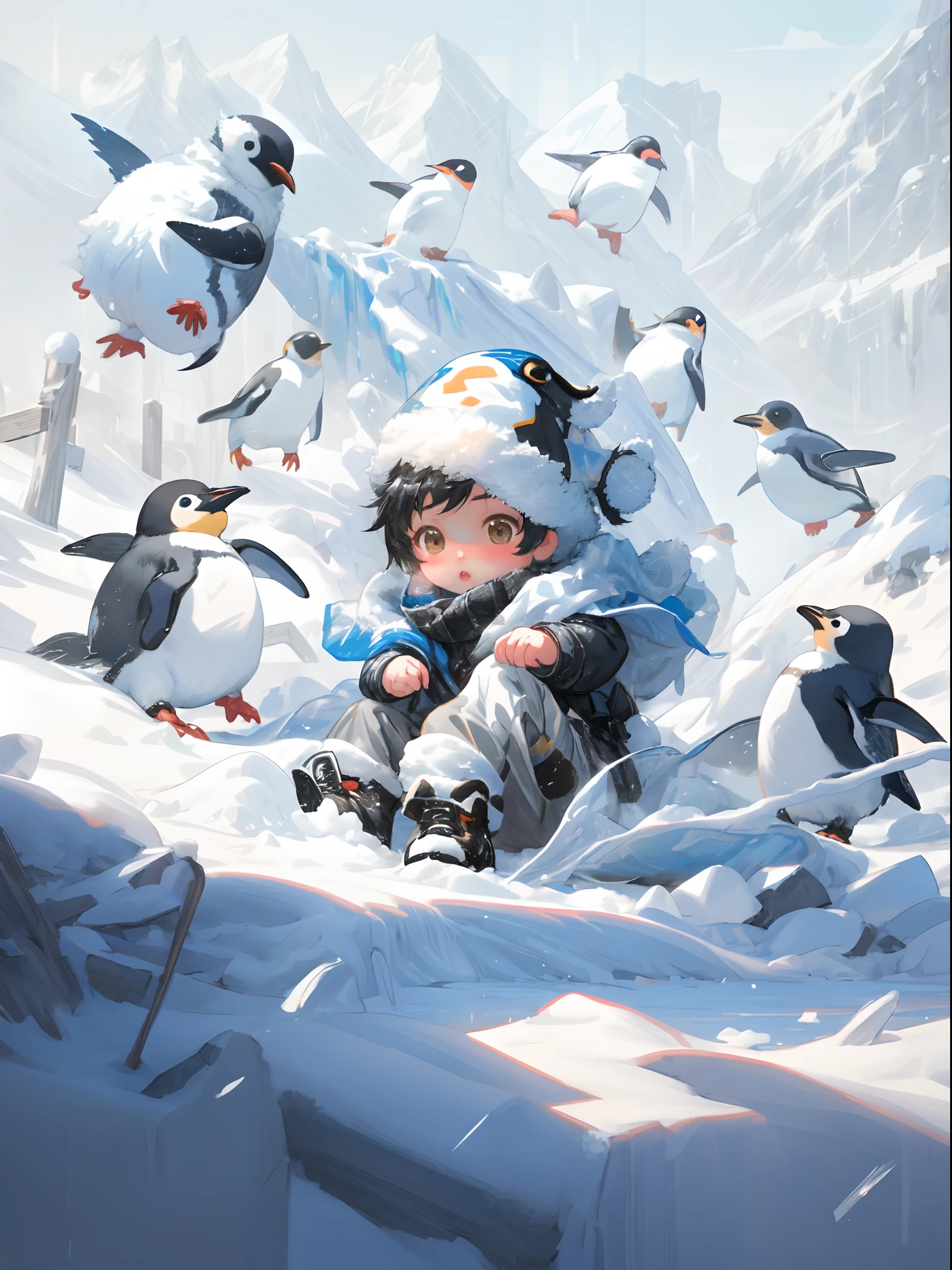 there is a little boy that is playing with penguins in the snow, adorable digital painting, by Yang J, winter concept art, childrens art in artstation, by jeonseok lee, by Jang Seung-eop, cute detailed digital art, artwork in the style of guweiz, by Li Song, a beautiful artwork illustration