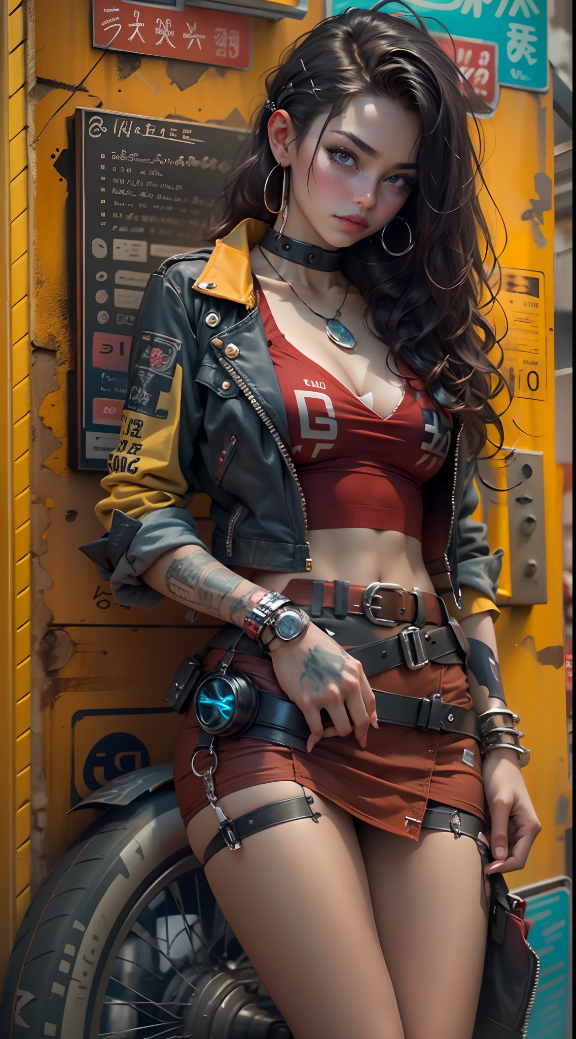 motor irreal:1.4,CG ultra realista 64K, fotorrealista:1.4, textura de la piel:1.4, obra maestra:1.4,Hermosa mujer con lingeries babydoll、Ropa corta estilo cyberpunk color amarillo, pantimedias red , mini skirt blue,