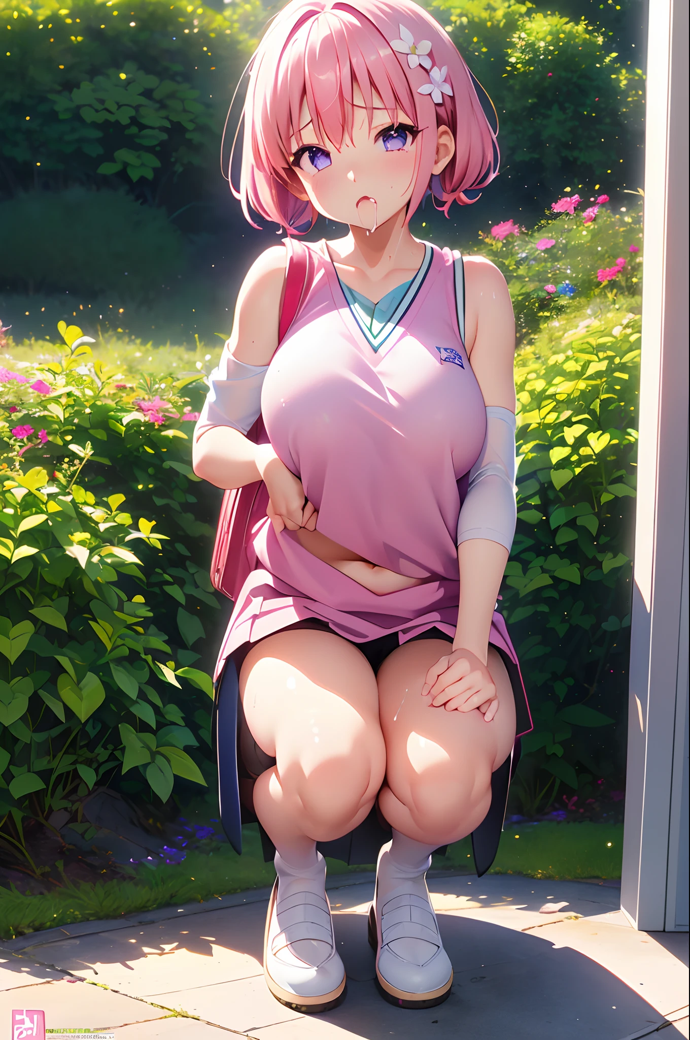 pink hair, purple eyes, short hair, hair flower, pink hair, oily skin, wet, detailed skin, (()), ((carrying a red backpack)), ((10 years olbackground, open mouth, short height, little girl, ((bare sho), ((presenting armpit)), (see-through), cleavage, ((white tank top)), (arm up), ((loli oppai)), ((big boobs)), ((large breasts)), ((under boobs)), ((boob curtain)), (hot pants), ((detached sleeves)), (beach), (potrait)), loose shirt, navel, (((Drooling face)), wet body, (((height 135cm))), ((Squatting)), (Twintails),