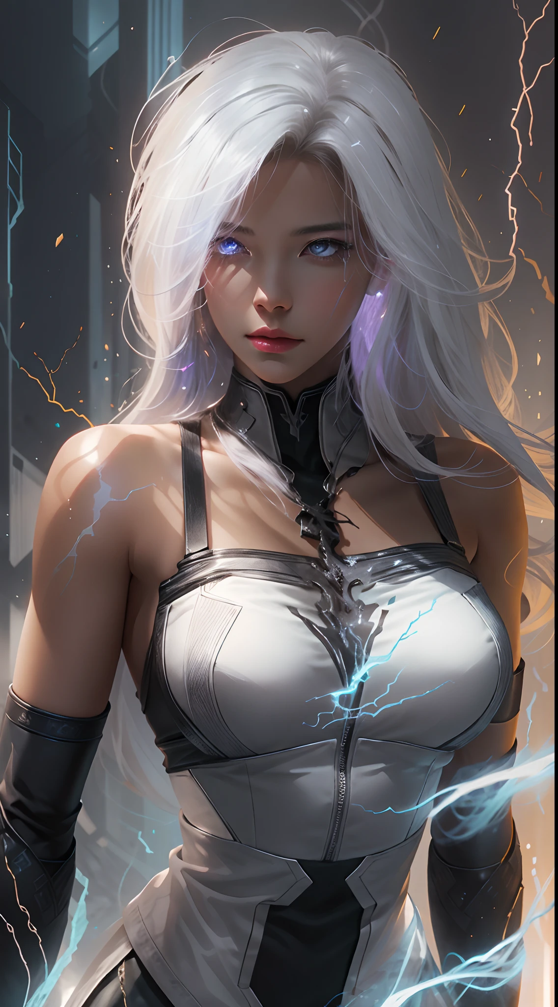1Beautifulwoman,ff Tifa, X-Men Storm, Lightning in hand,, All white hair, a skirt,glowing light eyes