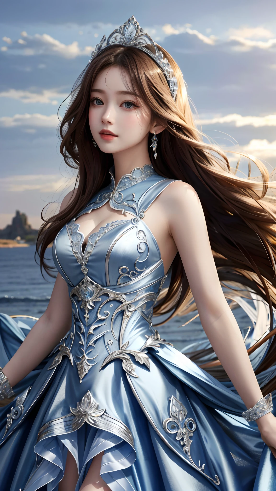 Ultra hd, 8k quality, a girl, happy, very long hair, detailed eyes, beautiful dress, blue dress, attractive pose, whole body capture,