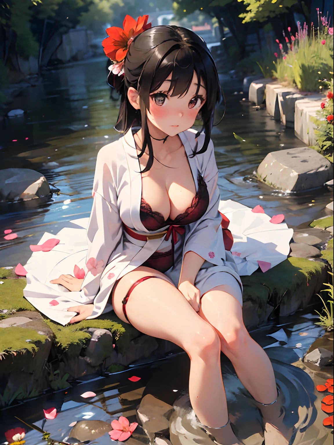 1girl, solo, beautiful, cute, perfect girl body figure,light colored kimono, red blush, full body, flower petals, beautiful background, cleavage, big boobs, long kimino, sitting near a river with her feets in water, fishes in water, red black lingerie, hands on breasts