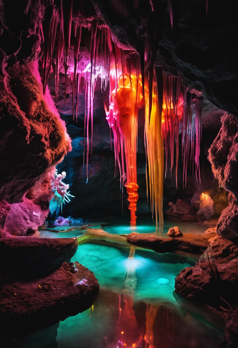 Stalactite cave, hot spring pool, glowing exotic plants, weird fungi, dreamy, colorful fluorescent