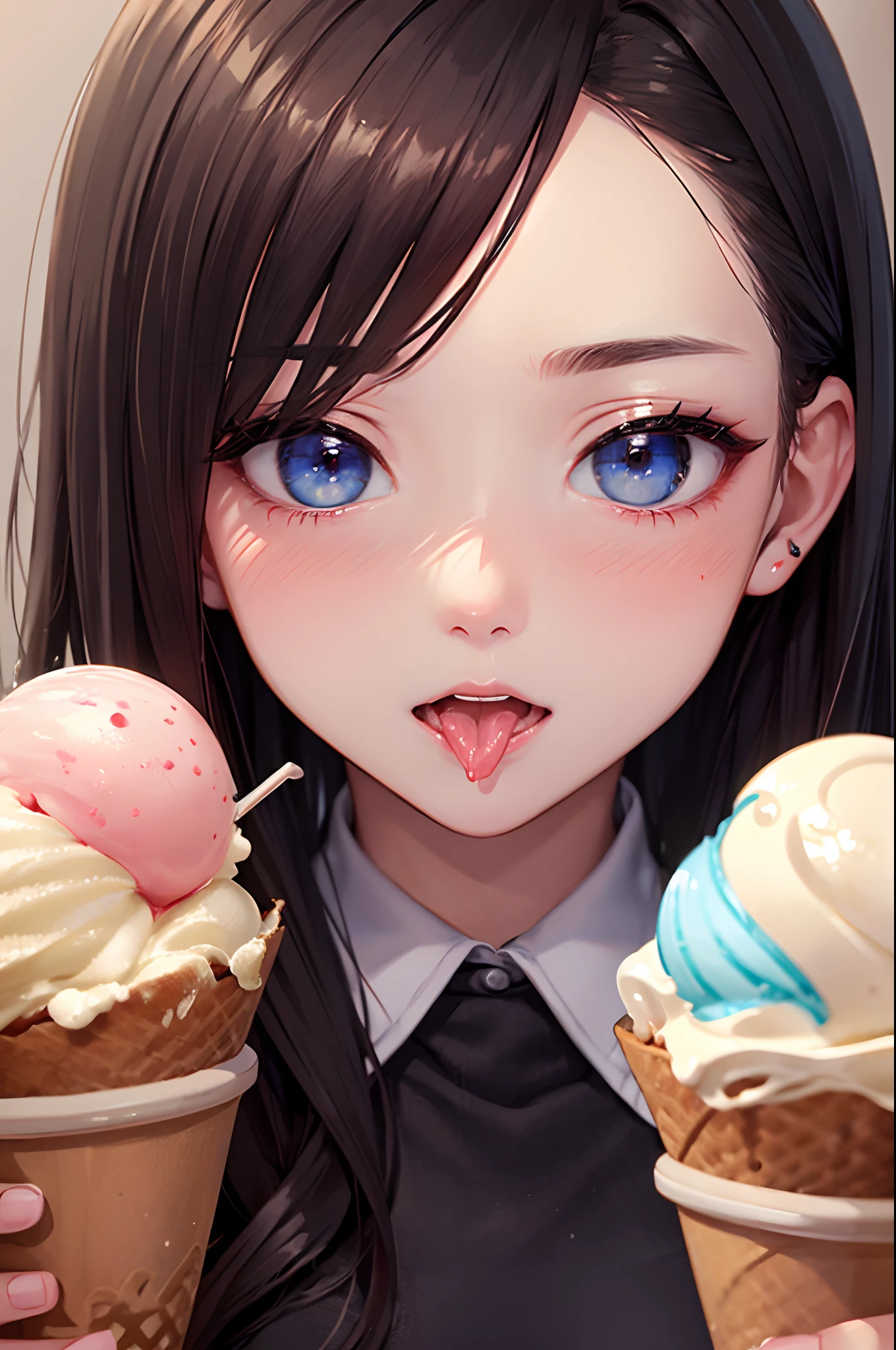 Girl, black hair, blue eyes, beautiful, strapless mint dress, pastel colors, face close-up, flat, ponytail, sucking a lollipop, lipgloss, brat