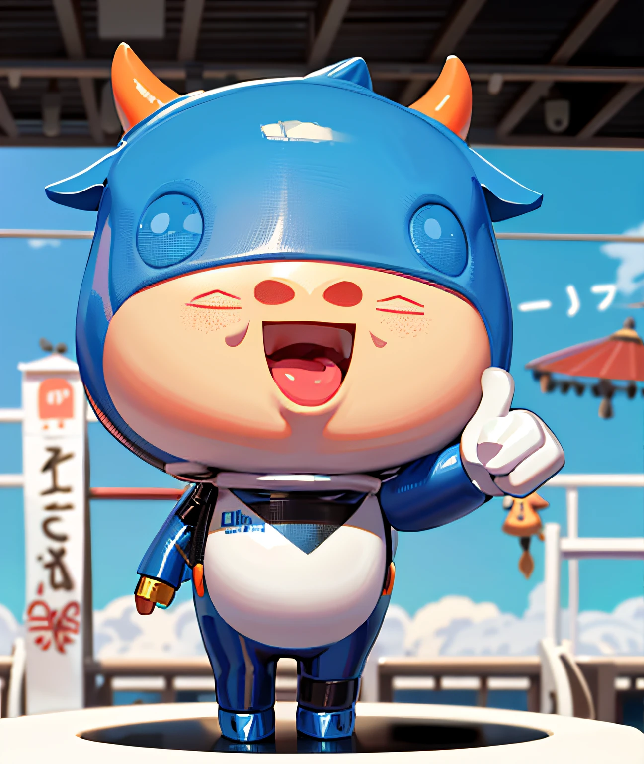 Close-up of a toy animal wearing a blue turban around its neck, vinyl toy figurine, japanese mascot, full body mascot, pvc posable figure, umaru-chan, mascot pop funko, 3D model of a Japanese mascot, a cow, pvc figurine, cow, sonichu, Danbru, Taoist, yu - no, detailled image