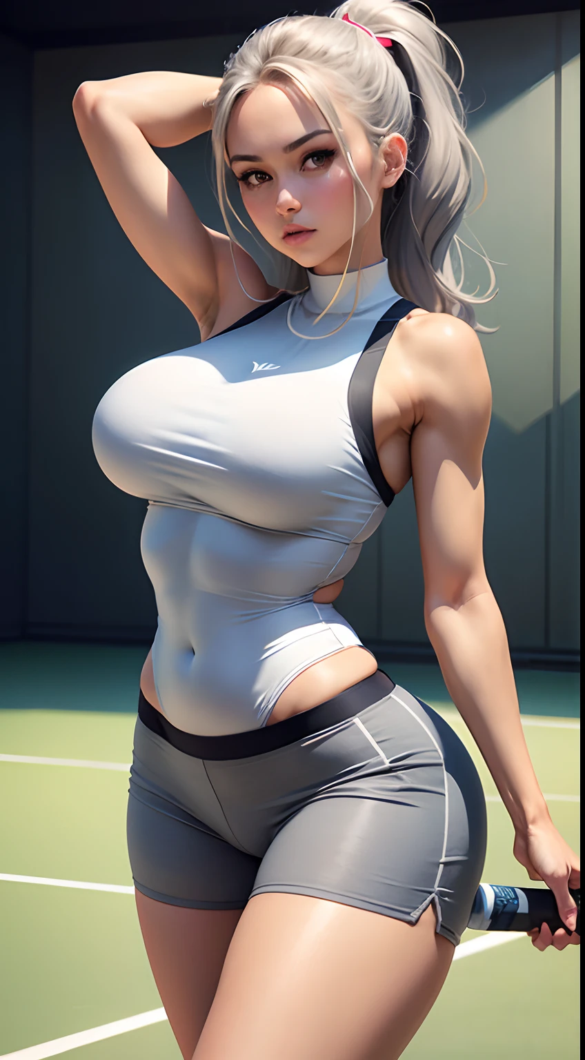 A beautiful woman in tight gray shorts and a white vest poses on a tennis court, tightsuit, Slim waist and thick hips, Big breasts Thin waist, Waist fit, back stance, Skinny woman, healthy woman, Fits the body, Medium Shot Shot, exposed waist!!!, Bare with thighs!!!, Skinny blue T-shirt, Waist circumference - shooting, Almost thin man, tight business suit, Photo fit, Simple to wear, Tight clothing, Strike majestic hot poses