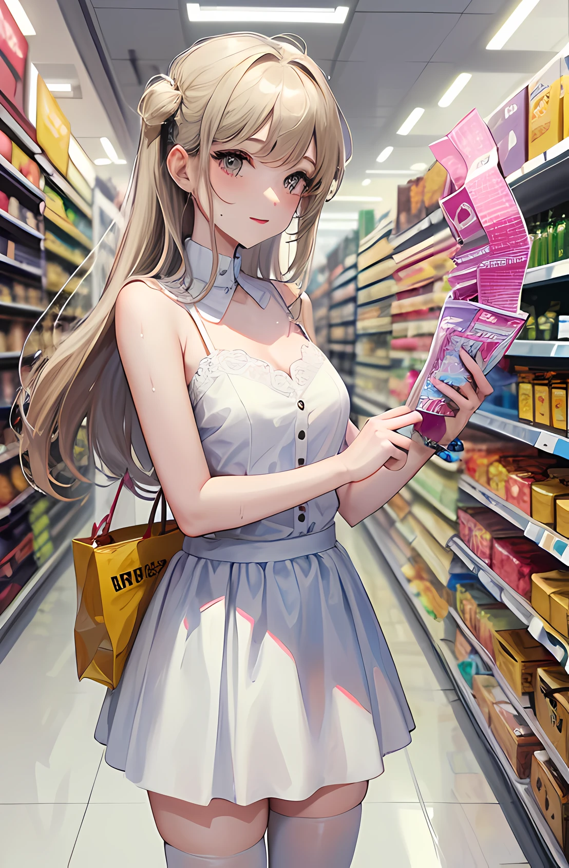 There is a woman in a store with a dog in the aisle, wearing white skirt, White miniskirt, stood in a supermarket, wearing a wet white short dress, wearing honey - themed miniskirt, Wearing white tights, white skirt and barechest, juicy legs, Wearing a cute white dress, Anime Barbie in white stockings, wearing white dress, Farewell to the girl and summer