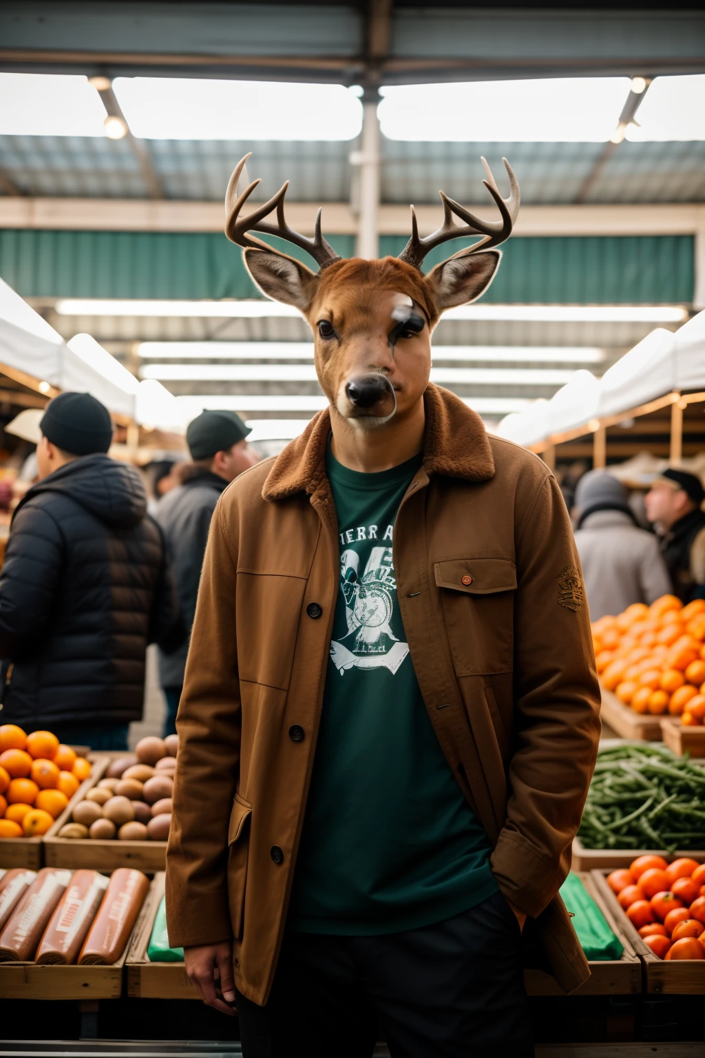 RAW photo, Animal, portrait photo of [Man:deer:1], Humanoid creatures in clothes, at the market, face, 8K  UHD, Digital SLR, Soft lighting, High quality, filmgrain, Fujifilm XT3