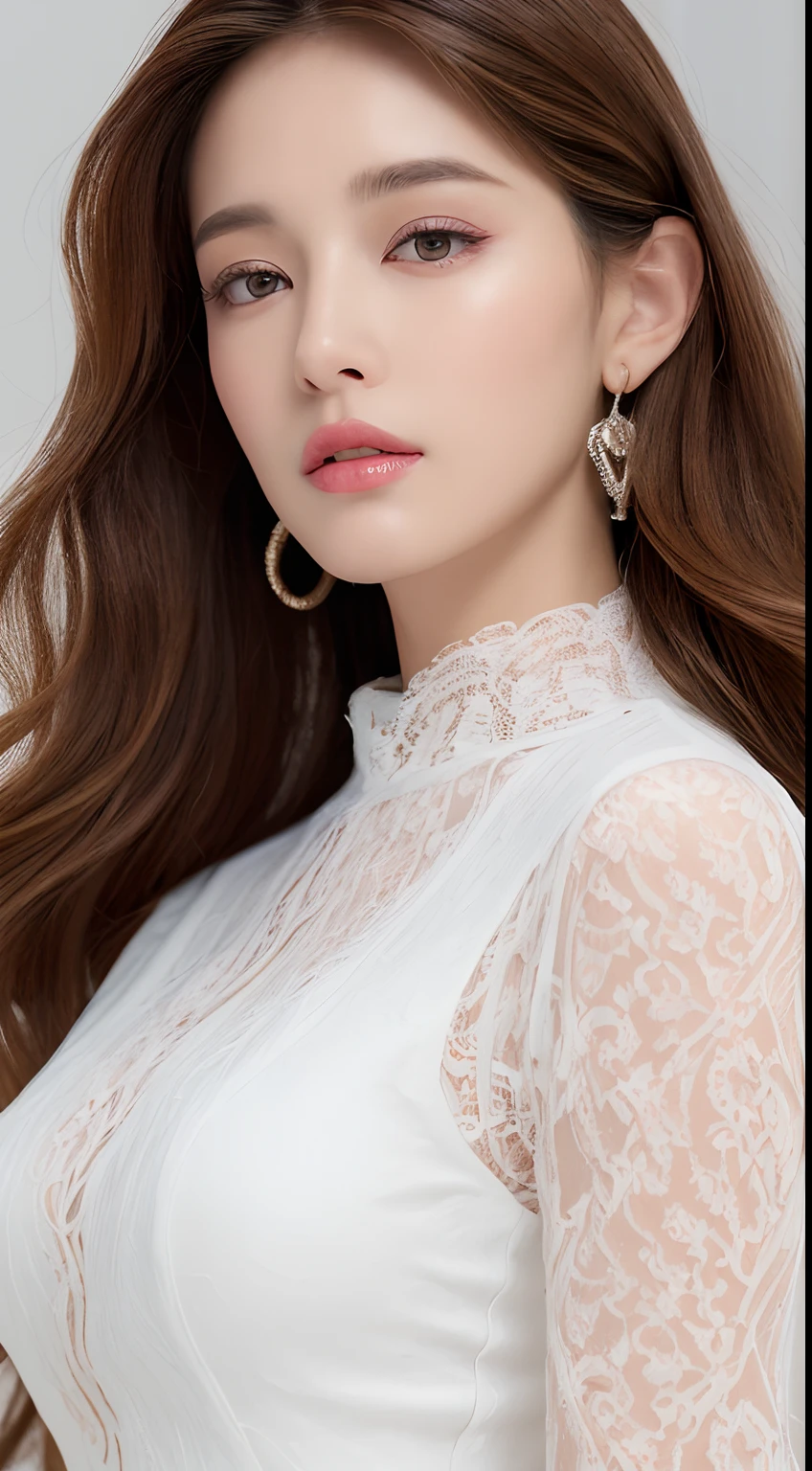 ((top-quality、8K、masterpiece:1.3))An ultra-high picture quality、realskin、Marble background、FULL BODYSHOT、1人、Beautiful woman with slender abs:1.3、(Light brown long curly hair、爆乳:1.2)、sexy facial expression、big eye、Long Sleeve White Lace High Neck Shirt:1.1、hyperdetailed face、ultradetailed eyes、super-detaild skin、Ultra detailed hands、Ultra-detailed fingertips on the face、Super detailed beautiful feet、Super detailed beautiful hair、Ultra-detailed cloth、Double eyelid hands、Korean Beauties、White lace skirt、piercings、beautiful and long legs、high-heels、Walking