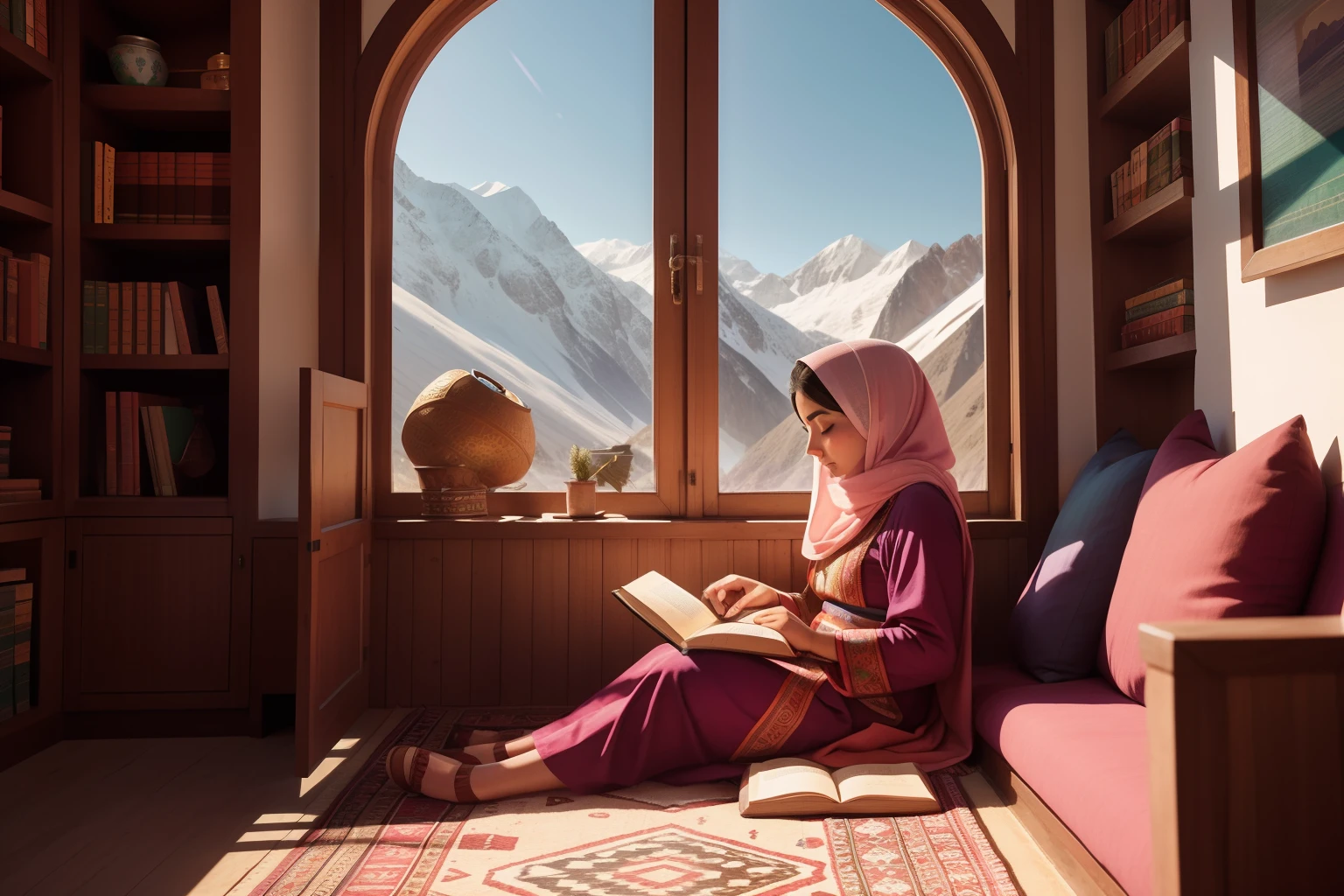 Date: 2018
Country: Afghanistan
Description: High in the Afghan mountains, a tween, dressed in pastel Afghan clothing, reads a book in a cozy mountain library. The luminous daylight filters through large windows, illuminating the serene reading space that blends tradition with modernity.