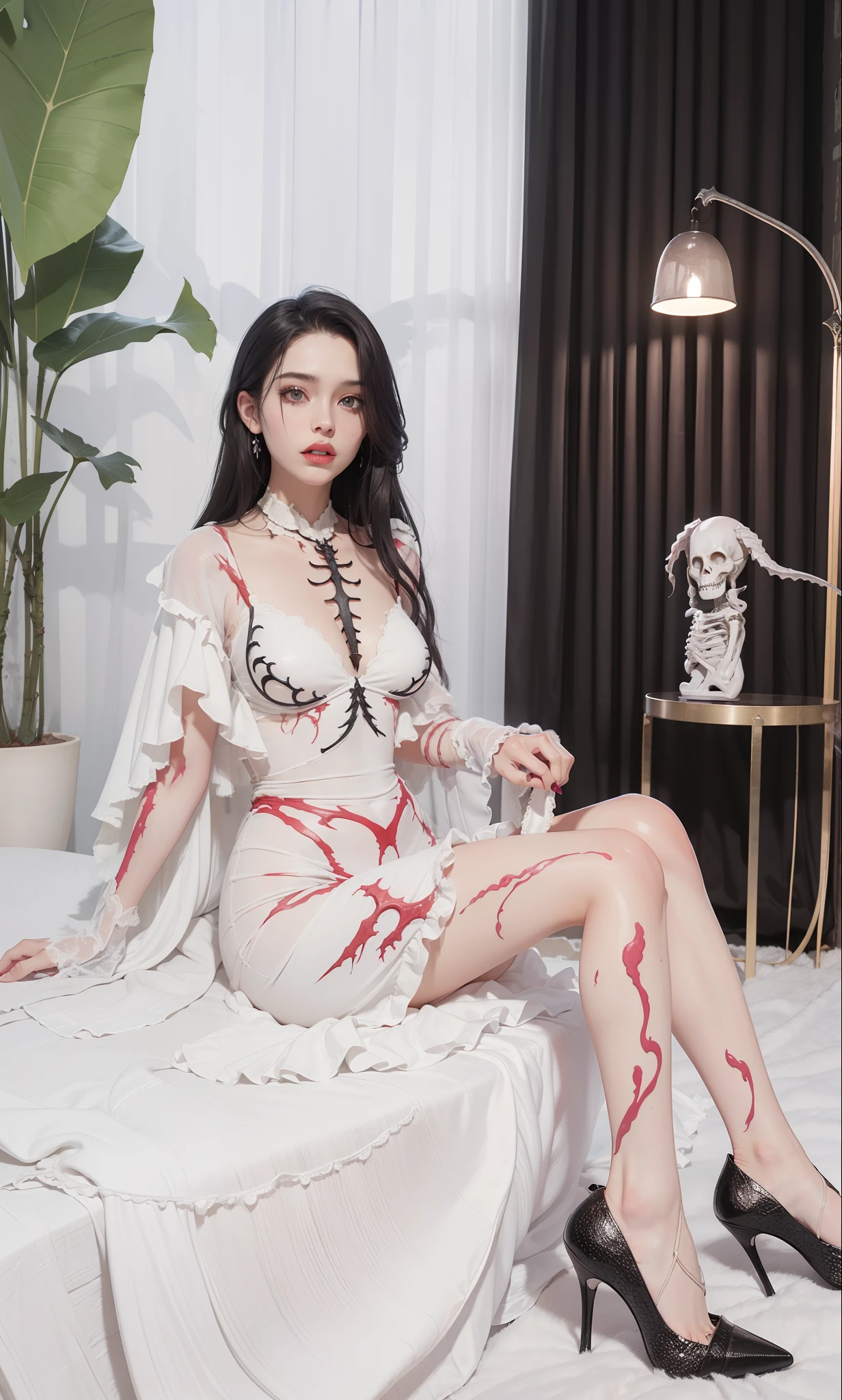 Fine matte paint,Skeleton Dark Angel, Haunted castle with large wings, Fill the drawing table with a knife,terroral,uncanny,horrid,secret terror,tentaculata,grape trees,The eye,uncanny valley effect teeth,all fours,Critters,Blood Moon,super high image quality,Sexy beauty,The picture quality is clear